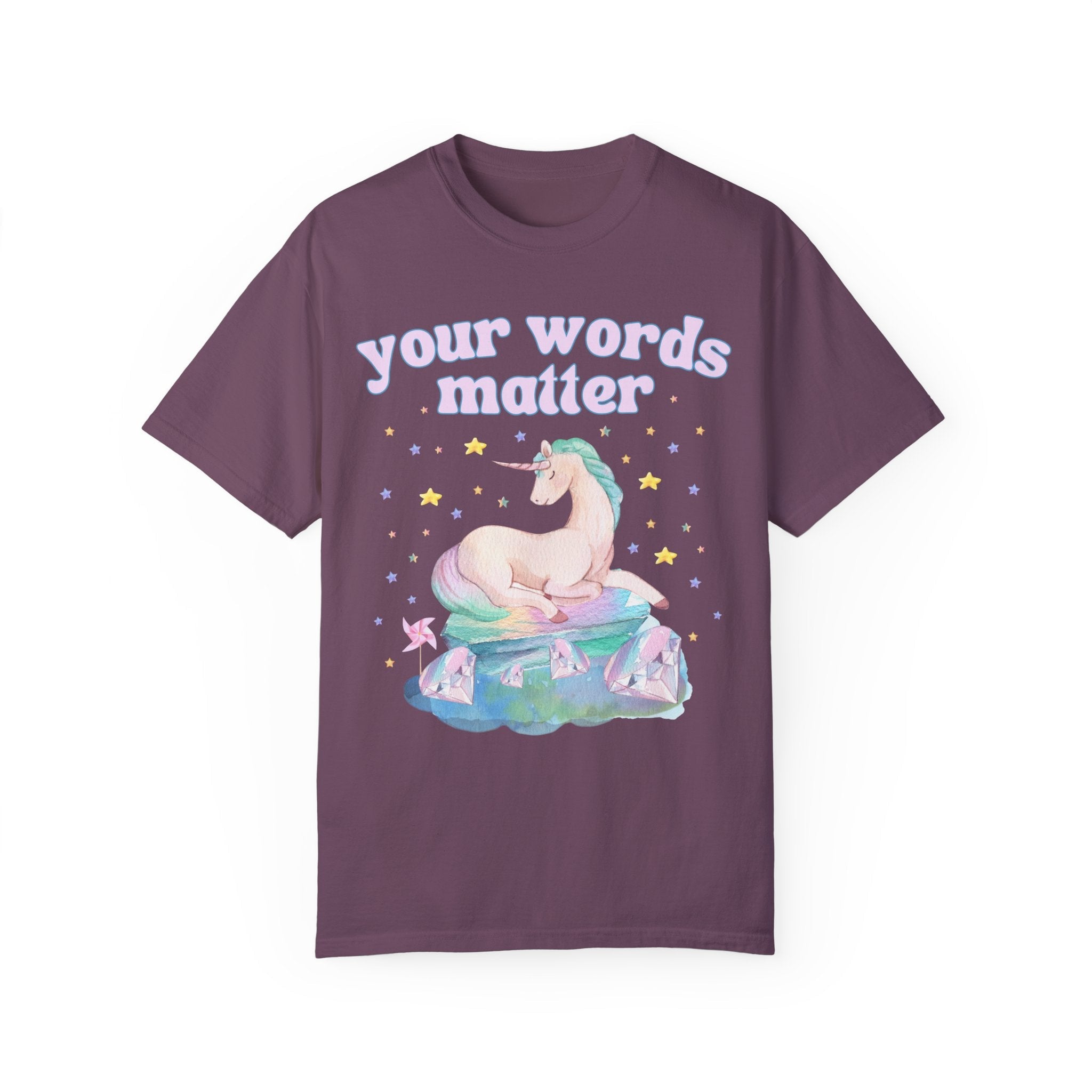 Special Education Teacher Tee Shirt with Whimsical Unicorn: Your Words Matter | Creative Dreamcore Speech Apraxia Therapist Tee with Stars - Opal and June
