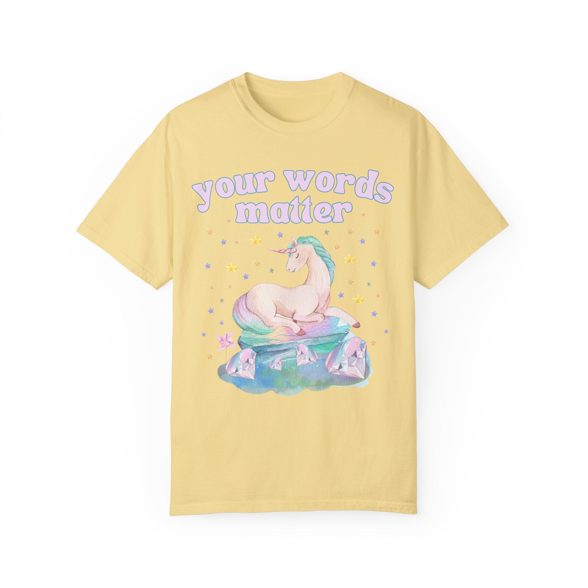 Special Education Teacher Tee Shirt with Whimsical Unicorn: Your Words Matter | Creative Dreamcore Speech Apraxia Therapist Tee with Stars - Opal and June