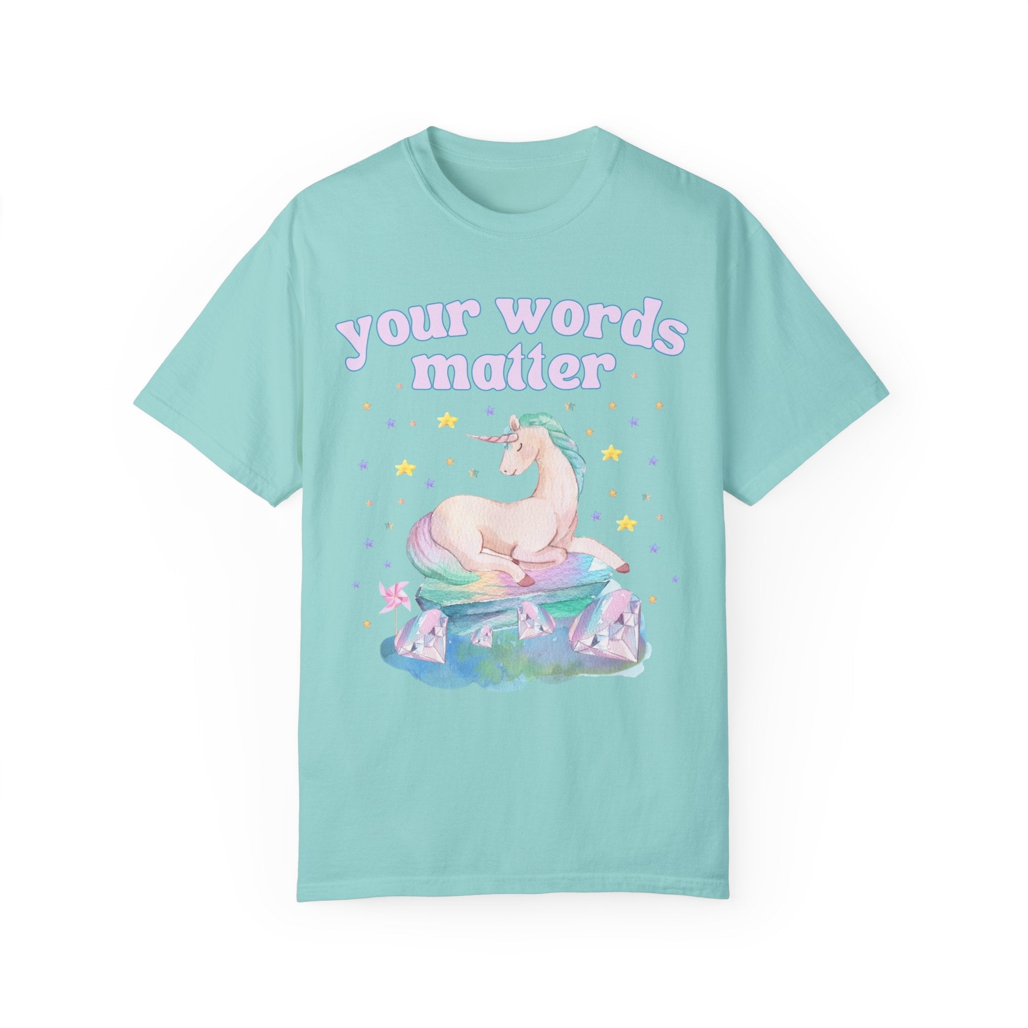 Special Education Teacher Tee Shirt with Whimsical Unicorn: Your Words Matter | Creative Dreamcore Speech Apraxia Therapist Tee with Stars - Opal and June