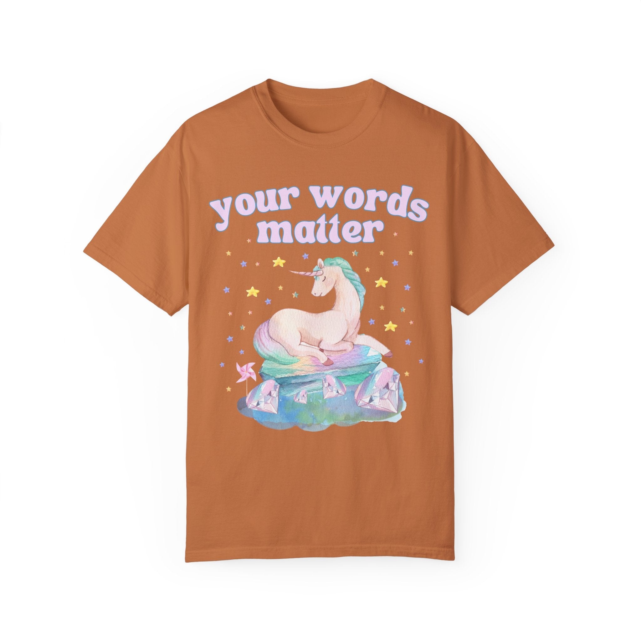 Special Education Teacher Tee Shirt with Whimsical Unicorn: Your Words Matter | Creative Dreamcore Speech Apraxia Therapist Tee with Stars - Opal and June