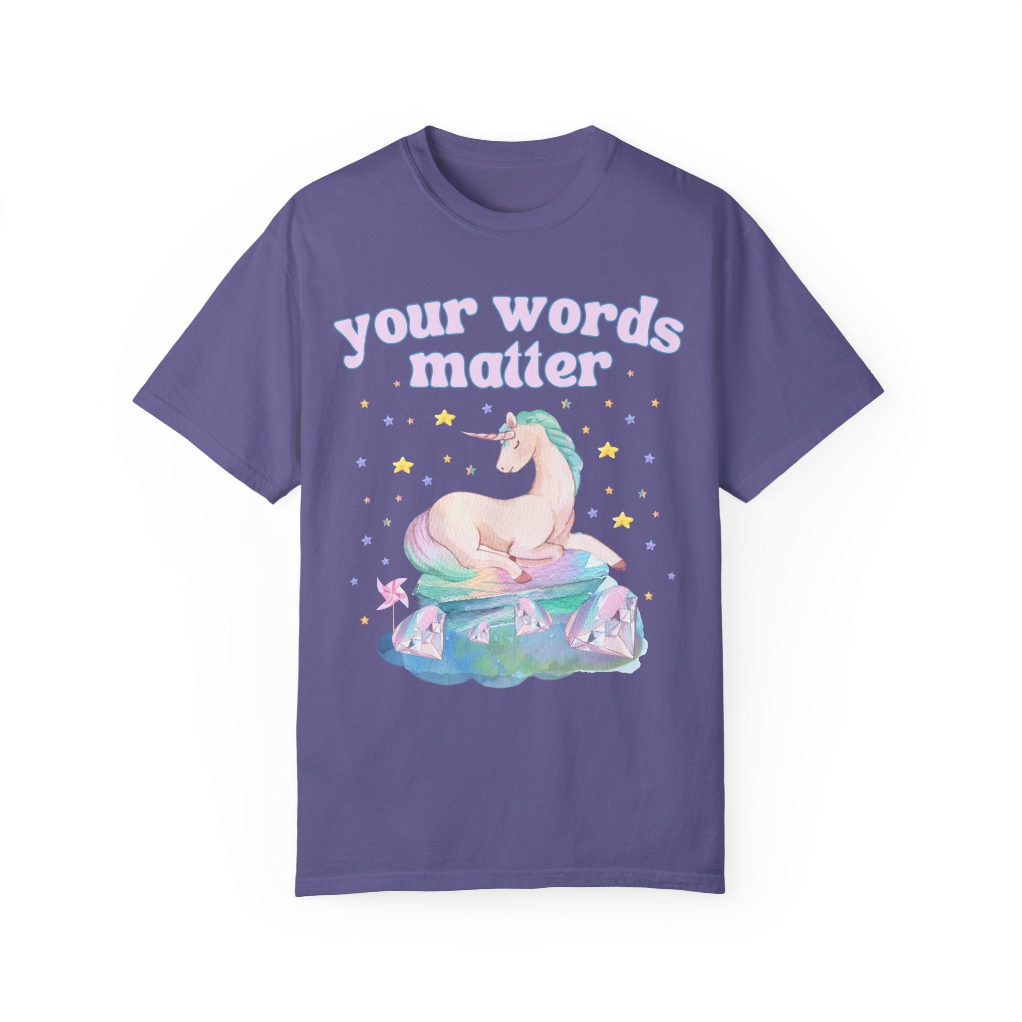 Special Education Teacher Tee Shirt with Whimsical Unicorn: Your Words Matter | Creative Dreamcore Speech Apraxia Therapist Tee with Stars - Opal and June