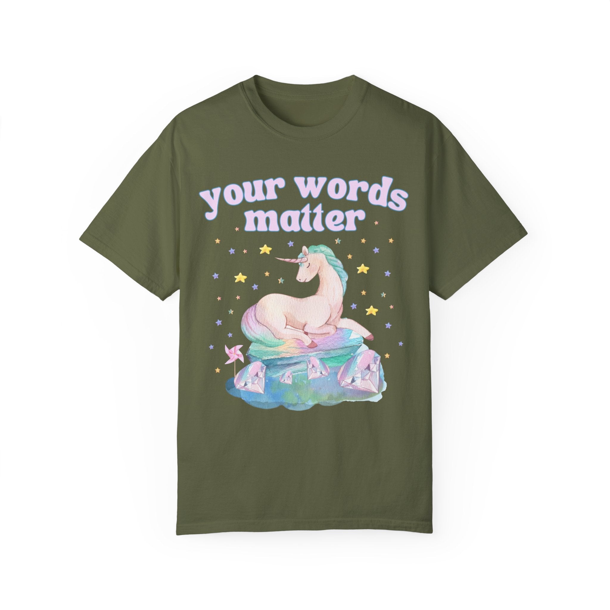 Special Education Teacher Tee Shirt with Whimsical Unicorn: Your Words Matter | Creative Dreamcore Speech Apraxia Therapist Tee with Stars - Opal and June