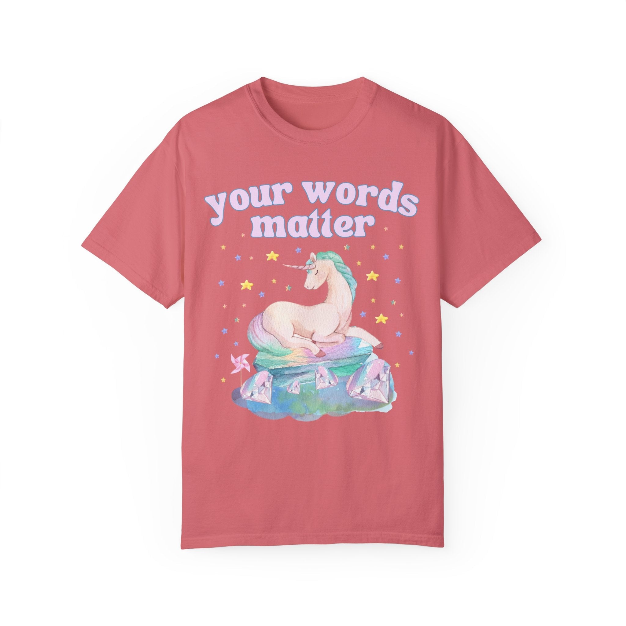 Special Education Teacher Tee Shirt with Whimsical Unicorn: Your Words Matter | Creative Dreamcore Speech Apraxia Therapist Tee with Stars - Opal and June