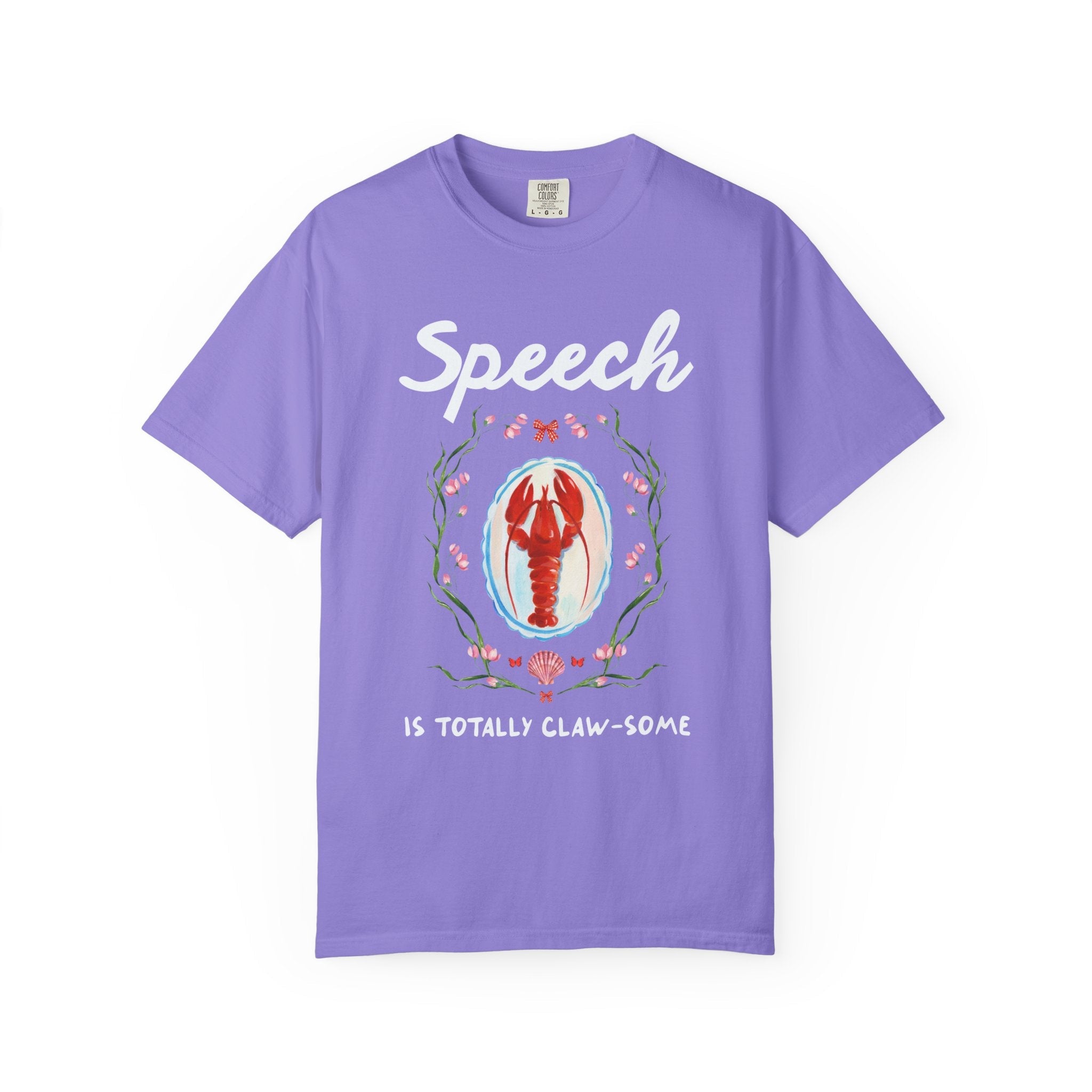Speech is Totally Clawsome: Lobster Teacher Tee Shirt with Flowers, Funny and Colorful Maximalist 90s Aesthetic Back to School T-Shirt - Opal and June