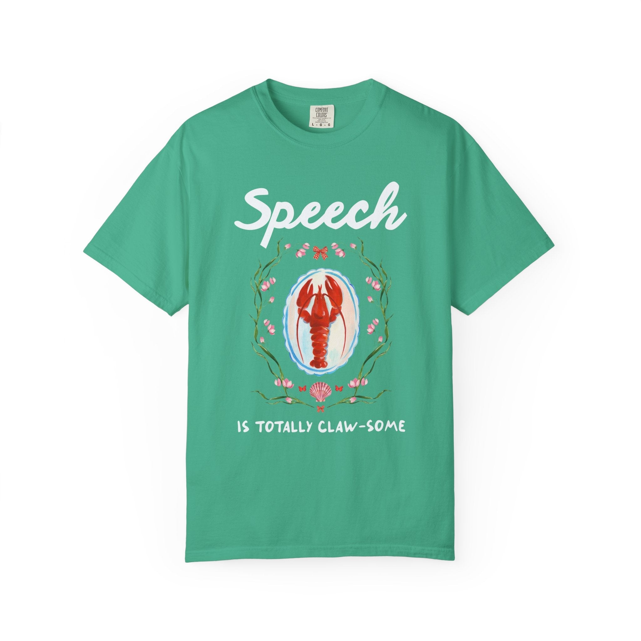 Speech is Totally Clawsome: Lobster Teacher Tee Shirt with Flowers, Funny and Colorful Maximalist 90s Aesthetic Back to School T-Shirt - Opal and June