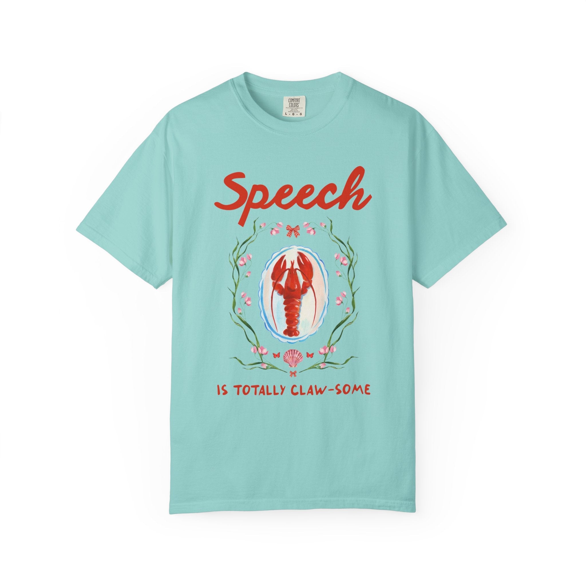 Speech is Totally Clawsome: Lobster Teacher Tee Shirt with Flowers, Funny and Colorful Maximalist 90s Aesthetic Back to School T-Shirt - Opal and June