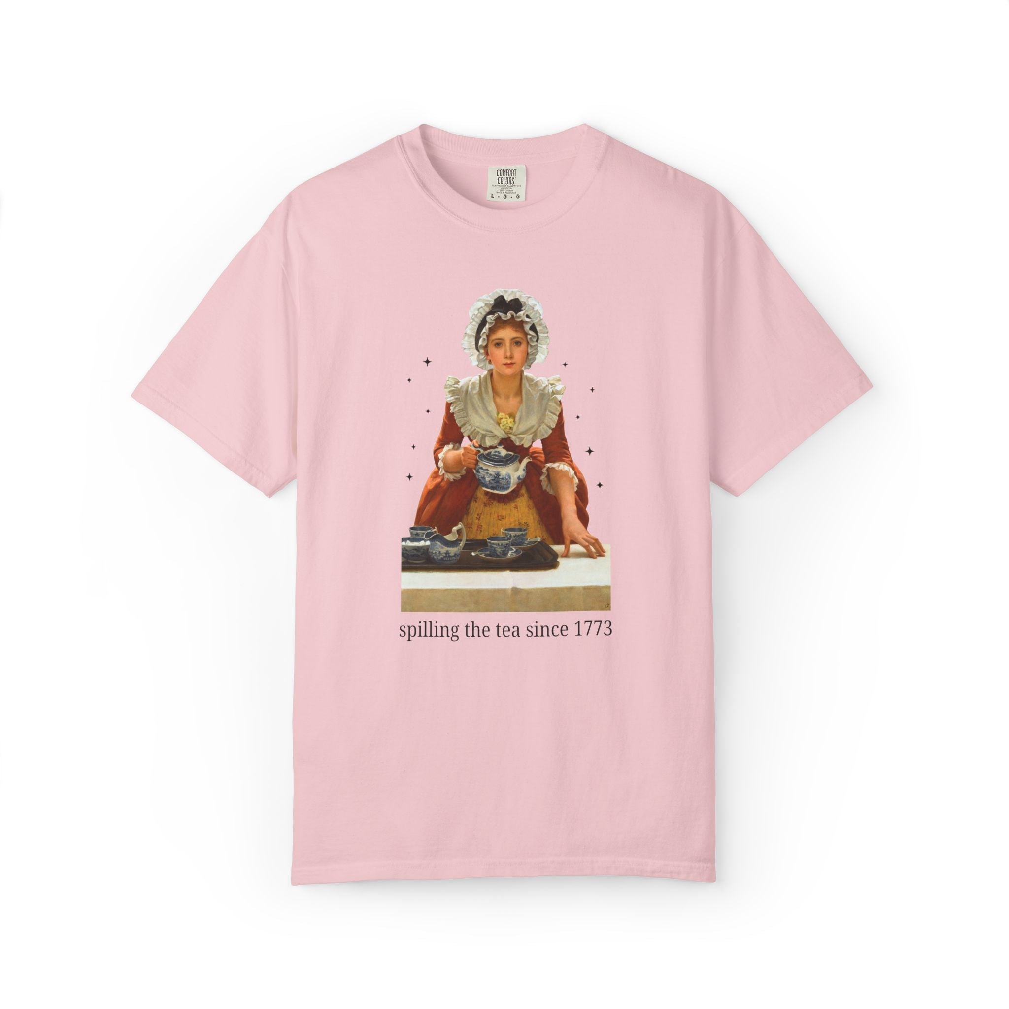 Spilling the Tea Since 1773 Art History Lover Tee Shirt: Funny American History Teacher Shirt for History Buff, 18th Century Women's History - Opal and June