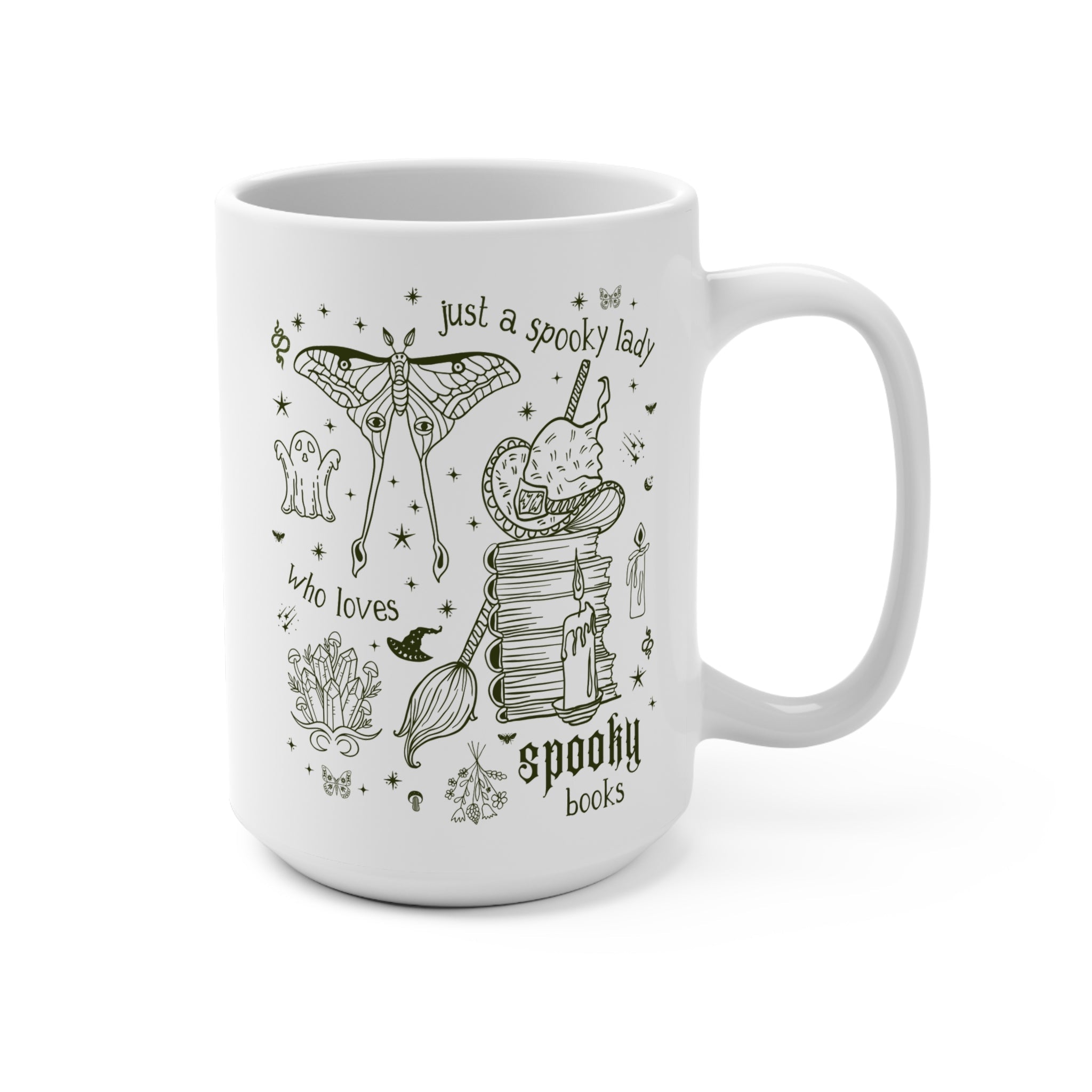 Spooky Bookish Coffee Mug for Reader Who Loves Horror Novels or Mystery Books: Cute 90s Aesthetic Tattoo Style Halloween 15 Oz Bookworm Mug - Opal and June