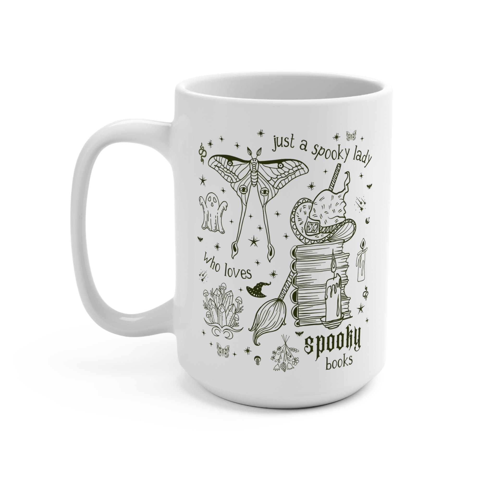 Spooky Bookish Coffee Mug for Reader Who Loves Horror Novels or Mystery Books: Cute 90s Aesthetic Tattoo Style Halloween 15 Oz Bookworm Mug - Opal and June