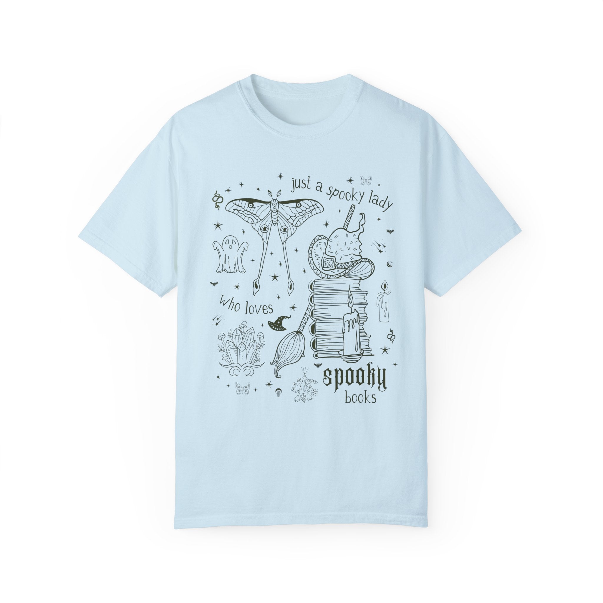 Spooky Bookish Shirt for Reader Who Loves Horror Novels or Mystery Books: Cute 90s Aesthetic Tattoo Style Halloween Tee Shirt for Bookworm - Opal and June