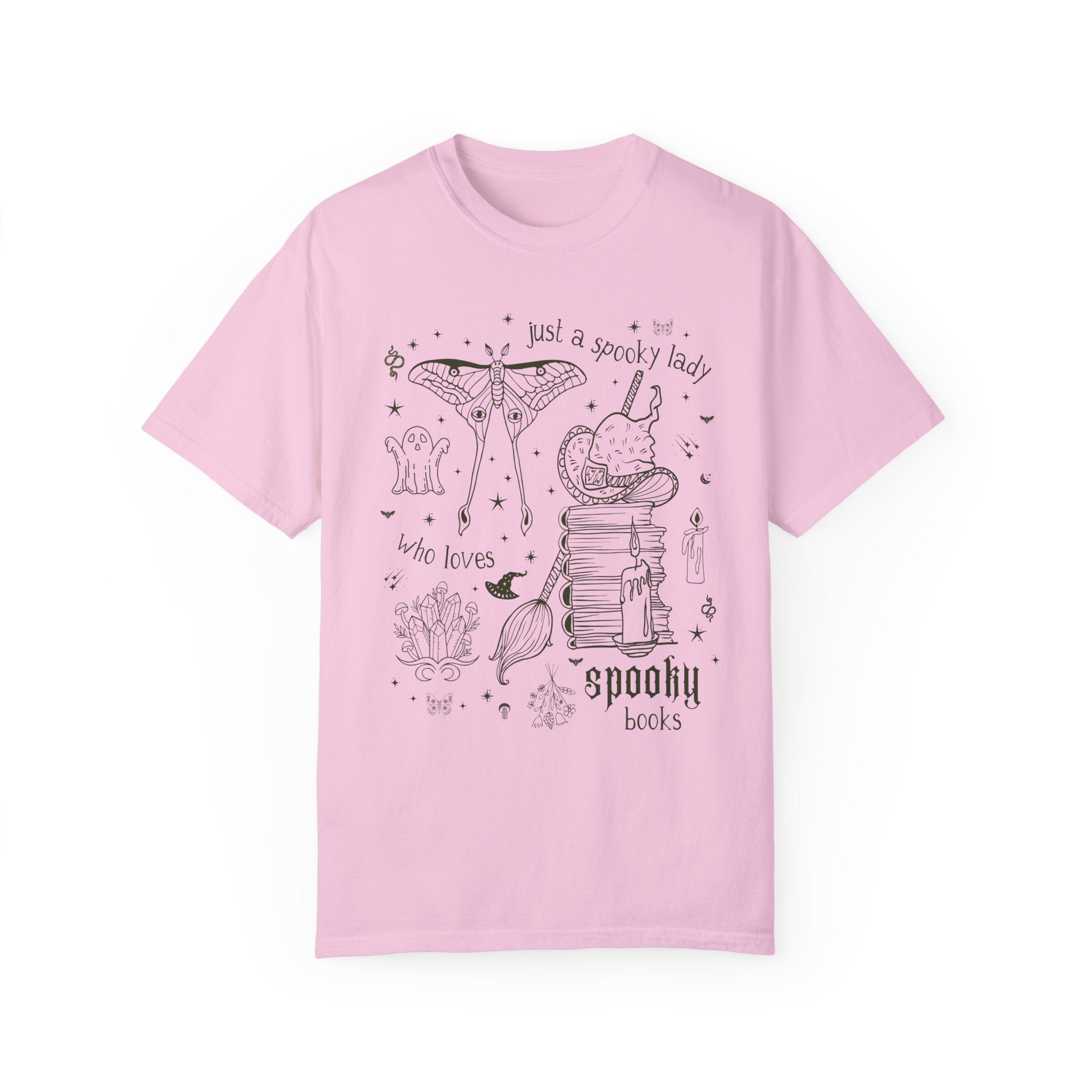 Spooky Bookish Shirt for Reader Who Loves Horror Novels or Mystery Books: Cute 90s Aesthetic Tattoo Style Halloween Tee Shirt for Bookworm - Opal and June