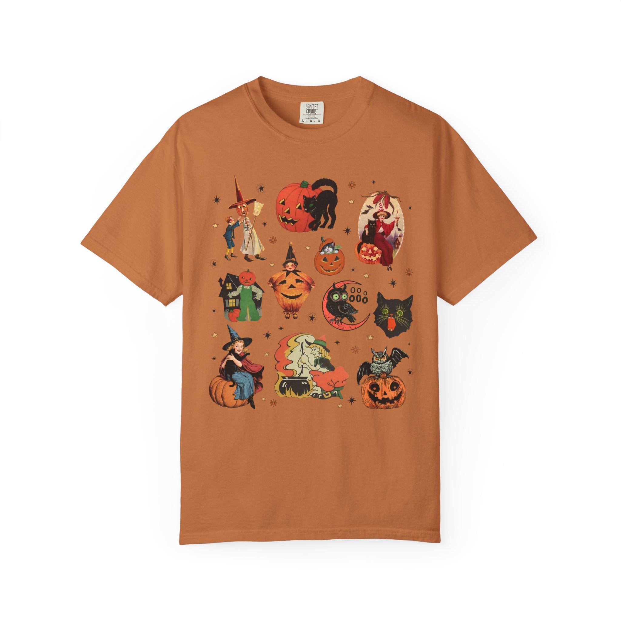 Spooky Halloween Tee Shirt with Vintage Aesthetic, Cute Fairycore or Goblincore Shirt with Stars and Pumpkins, Subtle Teacher Halloween Tee - Opal and June