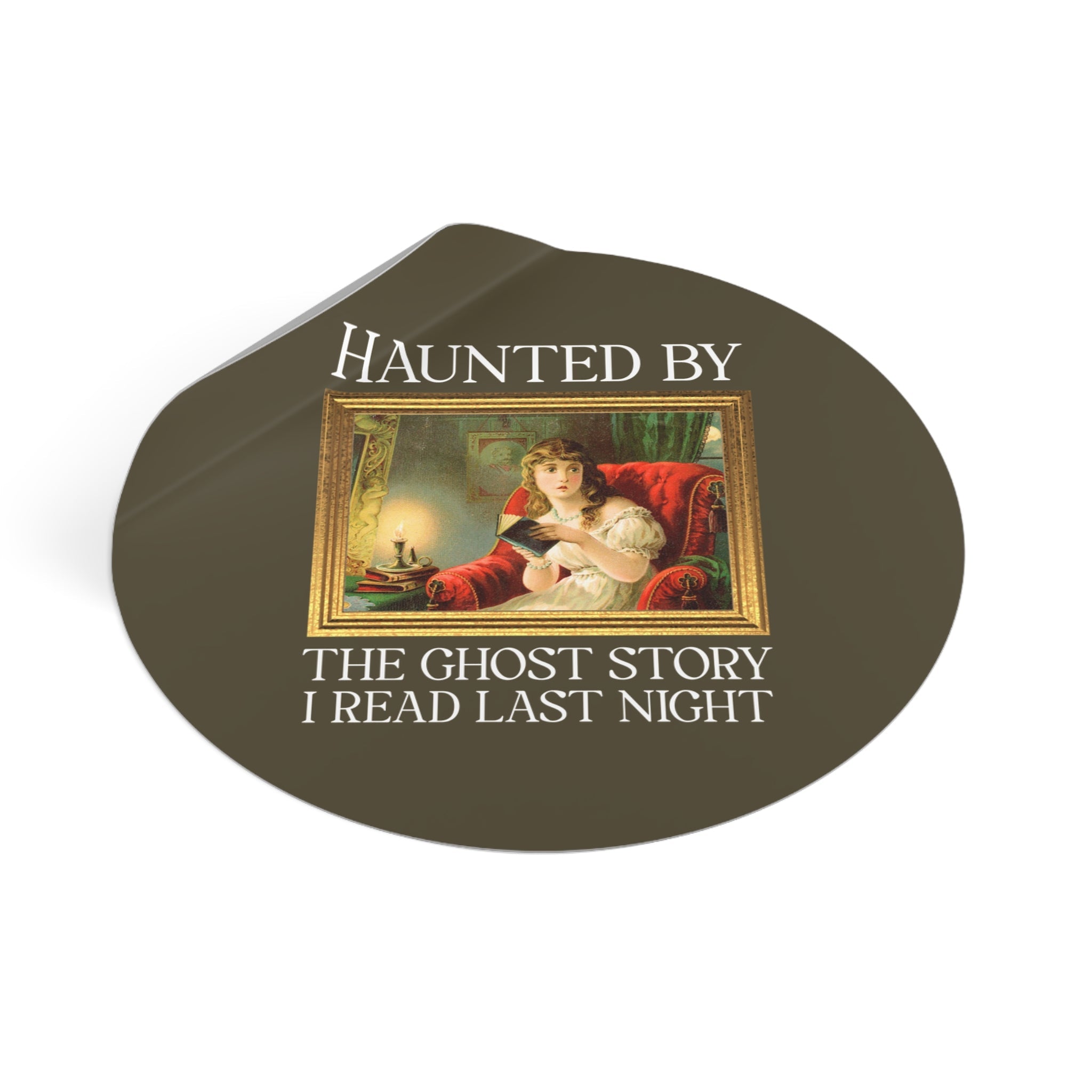 Spooky Reader Art History Buff Sticker with Famous Painting: Haunted by the Ghost Story I Read Last Night, Halloween Bookish Ghost Sticker - Opal and June