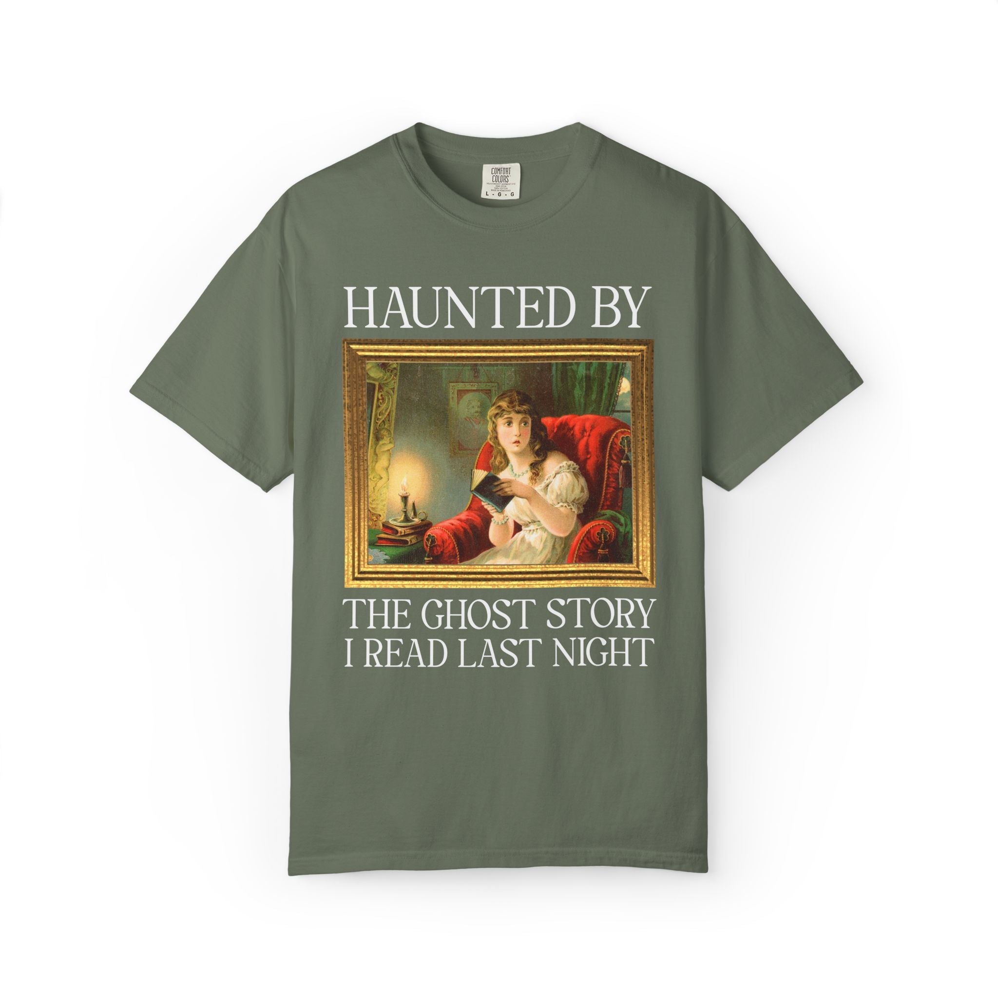 Spooky Reader Art History Buff Tee Shirt with Famous Painting: Haunted by the Ghost Story I Read Last Night, Halloween Bookish Ghost Tee - Opal and June