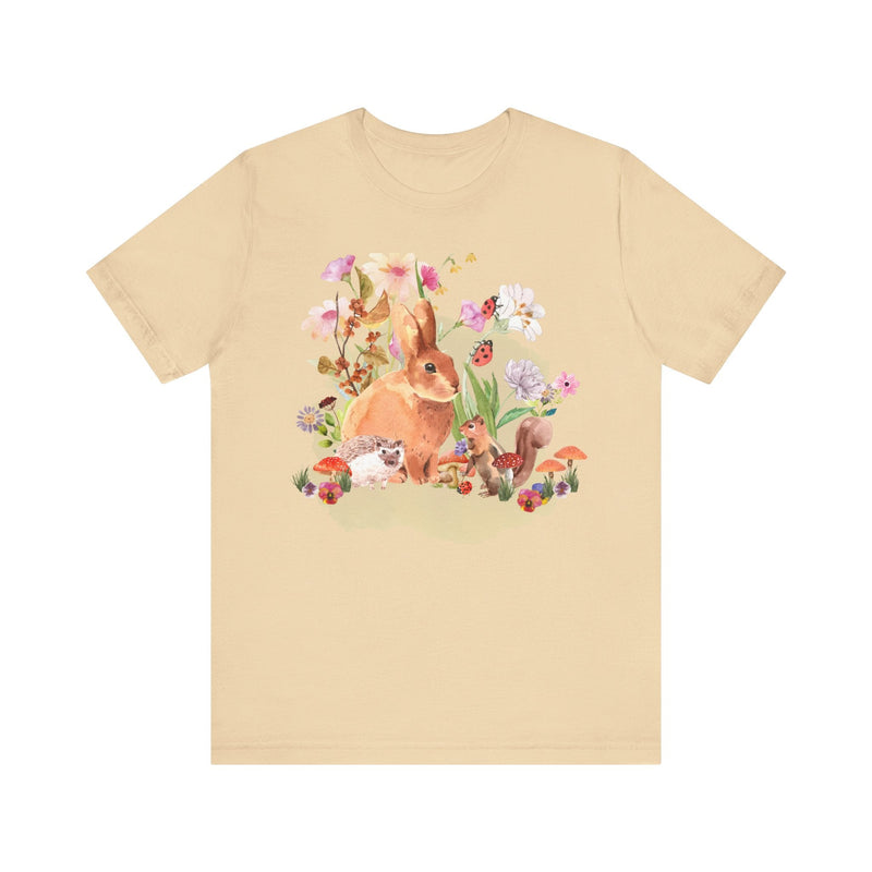 Springtime Easter Tee with Flowers, Bunny, Squirrel, Hedgehog, Ladybugs, Flowers, Mushrooms | Adorable Easter T-Shirt for Spring, Gift Tee - Opal and June