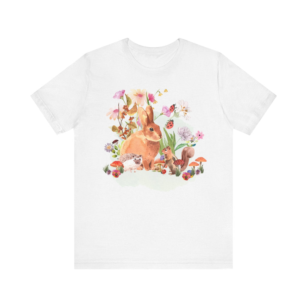 Springtime Easter Tee with Flowers, Bunny, Squirrel, Hedgehog, Ladybugs, Flowers, Mushrooms | Adorable Easter T-Shirt for Spring, Gift Tee - Opal and June