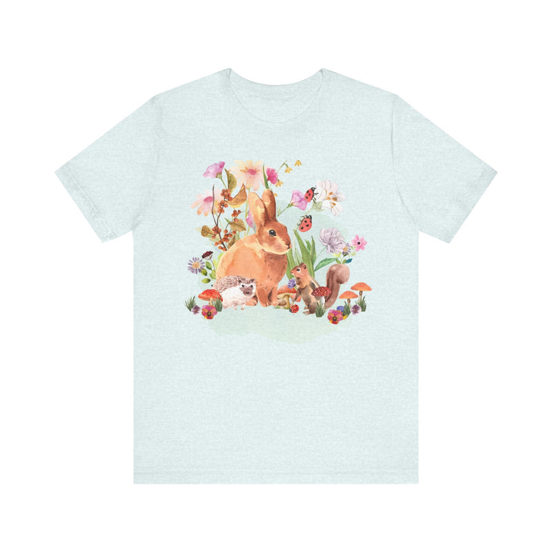 Springtime Easter Tee with Flowers, Bunny, Squirrel, Hedgehog, Ladybugs, Flowers, Mushrooms | Adorable Easter T-Shirt for Spring, Gift Tee - Opal and June