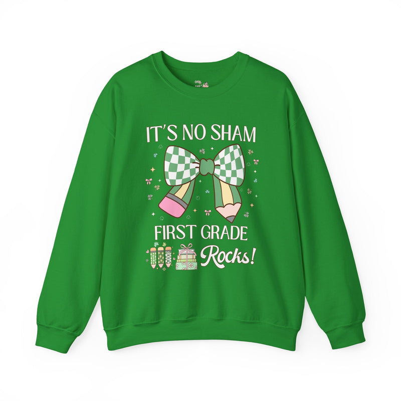 St Patricks Day Sweatshirt: First Grade Rocks, Funny Saying Teaching Assistant Crewneck for Student Teacher, Elementary Education Major Gift - Opal and June