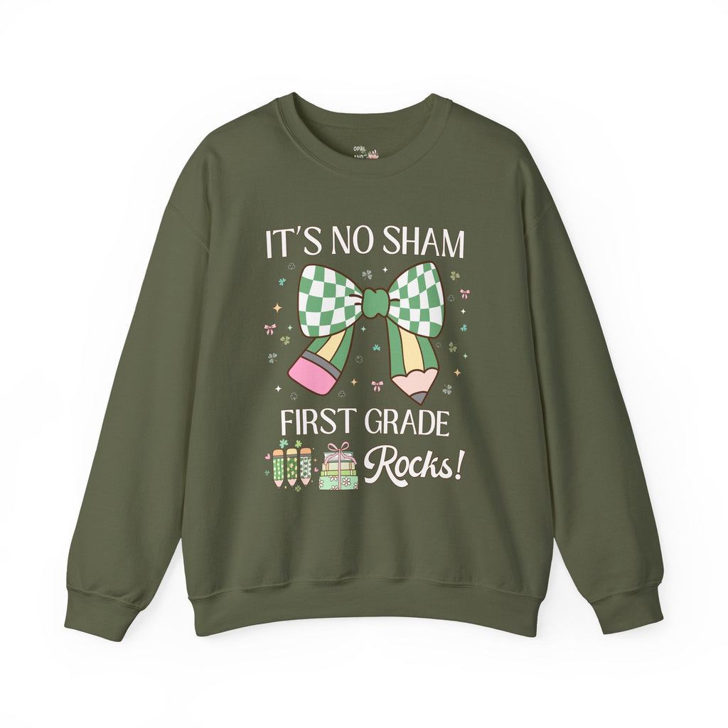 St Patricks Day Sweatshirt: First Grade Rocks, Funny Saying Teaching Assistant Crewneck for Student Teacher, Elementary Education Major Gift - Opal and June