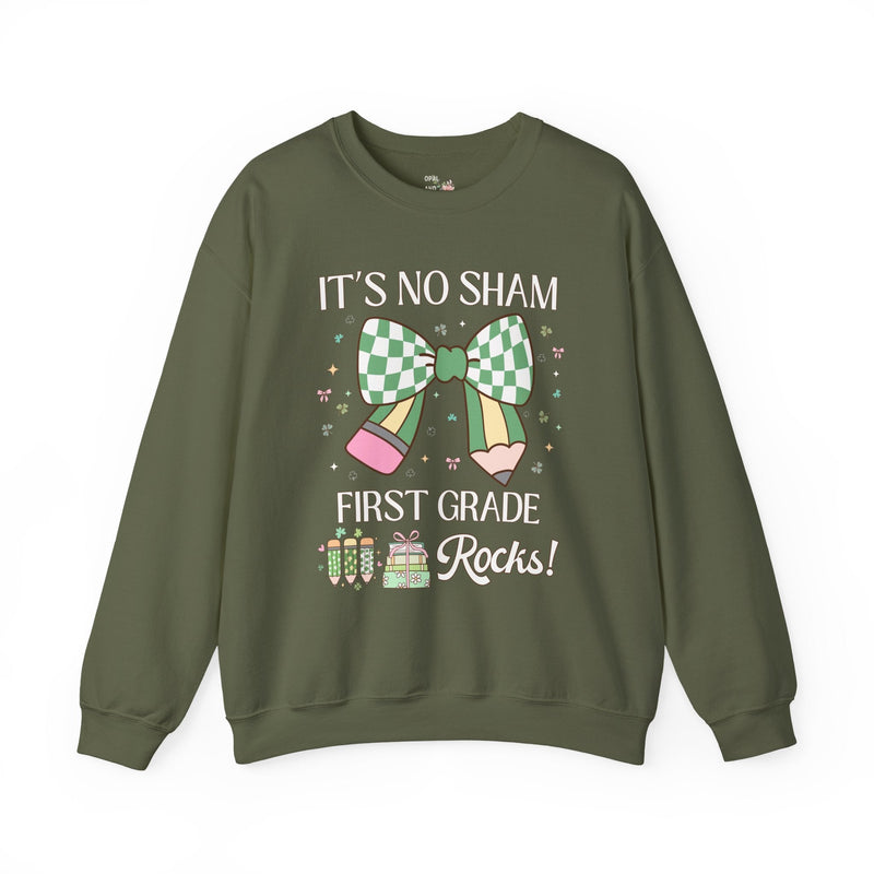St Patricks Day Sweatshirt: First Grade Rocks, Funny Saying Teaching Assistant Crewneck for Student Teacher, Elementary Education Major Gift - Opal and June