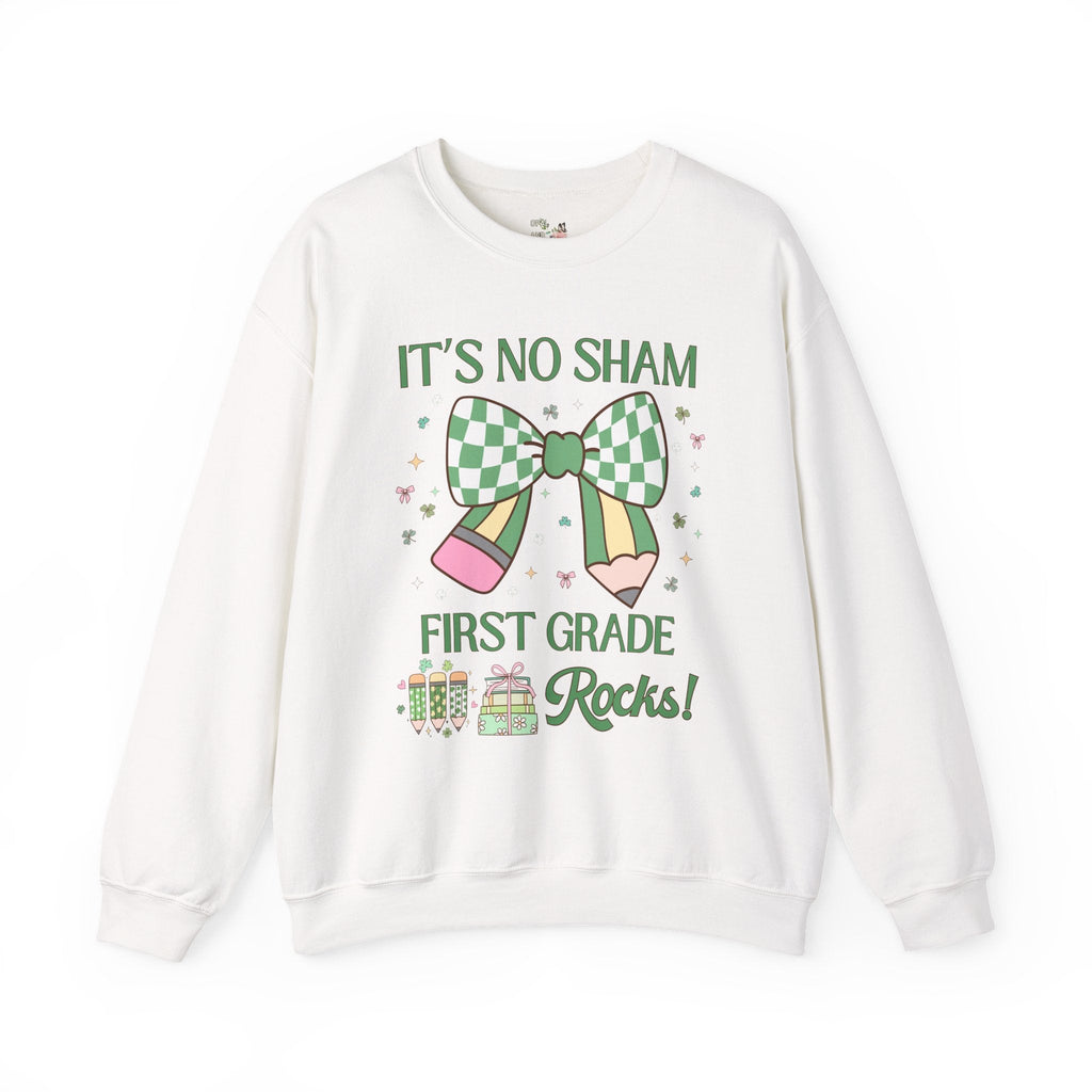 St Patricks Day Sweatshirt: First Grade Rocks, Funny Saying Teaching Assistant Crewneck for Student Teacher, Elementary Education Major Gift - Opal and June