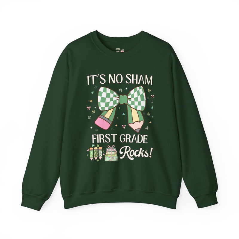 St Patricks Day Sweatshirt: First Grade Rocks, Funny Saying Teaching Assistant Crewneck for Student Teacher, Elementary Education Major Gift - Opal and June