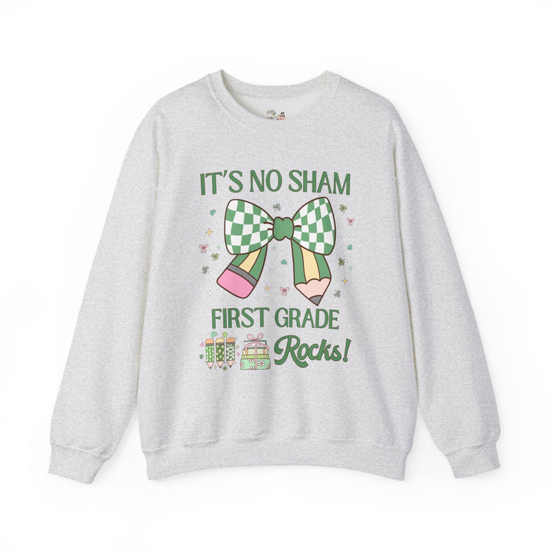 St Patricks Day Sweatshirt: First Grade Rocks, Funny Saying Teaching Assistant Crewneck for Student Teacher, Elementary Education Major Gift - Opal and June
