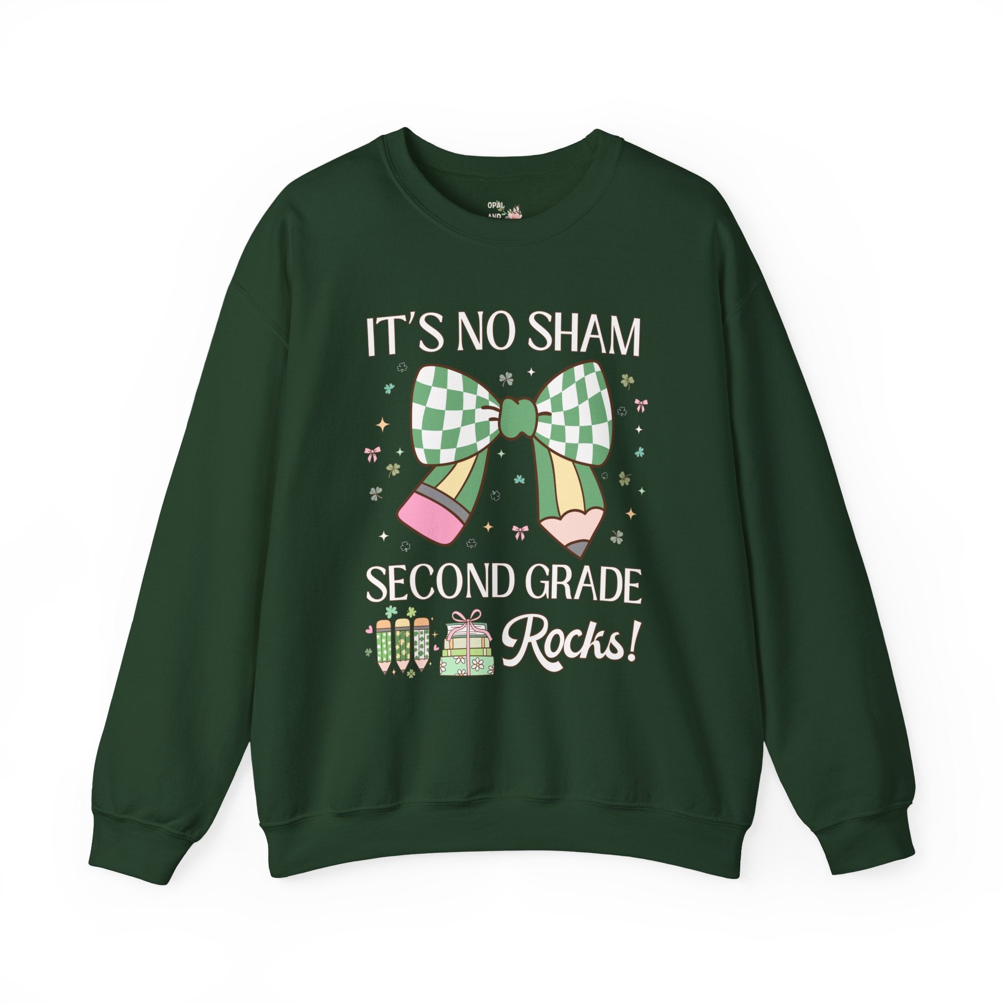 St Patricks Day Teacher Sweatshirt: Second Grade Rocks, Funny Saying Teaching Assistant Crewneck for Student Teacher, Elementary Education - Opal and June