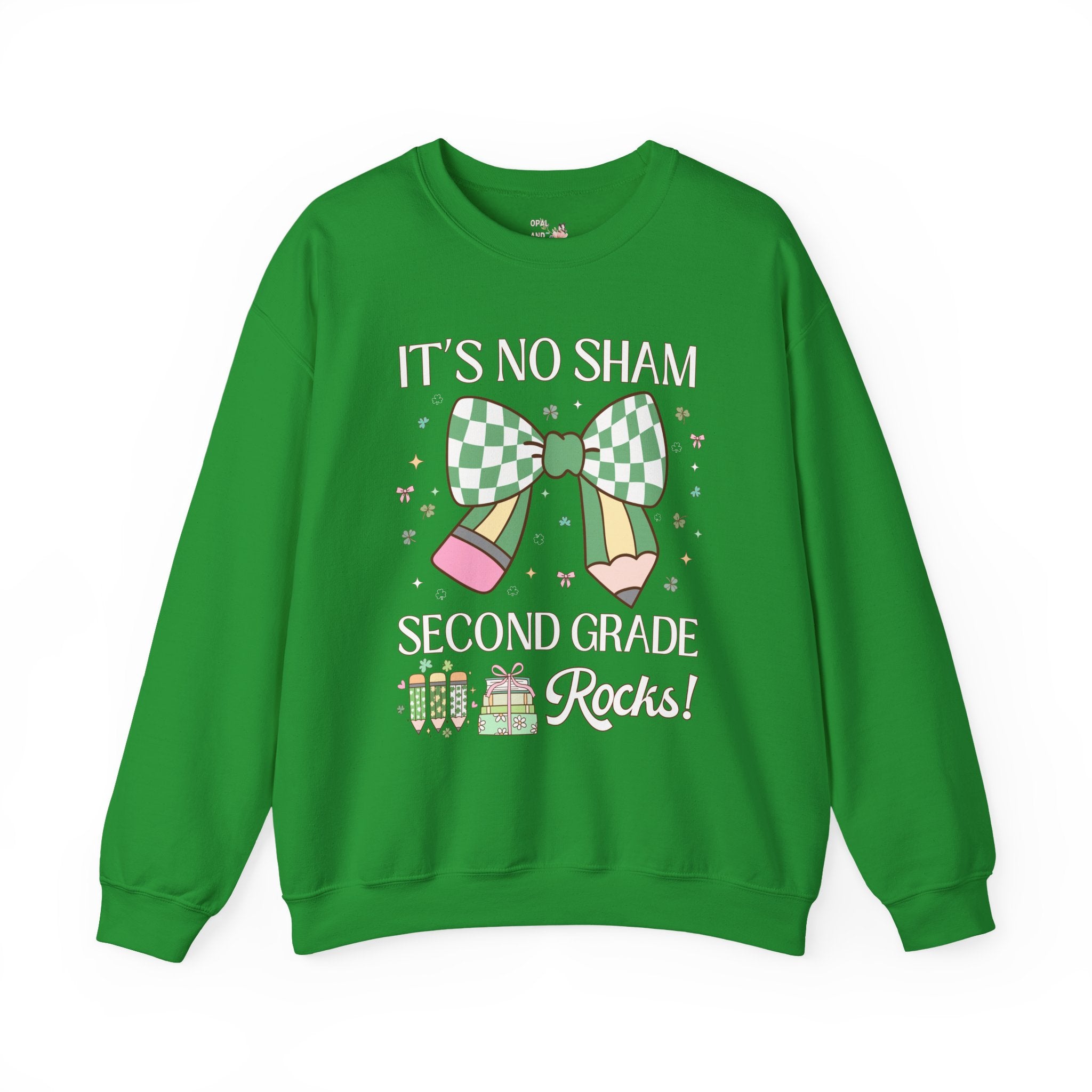 St Patricks Day Teacher Sweatshirt: Second Grade Rocks, Funny Saying Teaching Assistant Crewneck for Student Teacher, Elementary Education - Opal and June