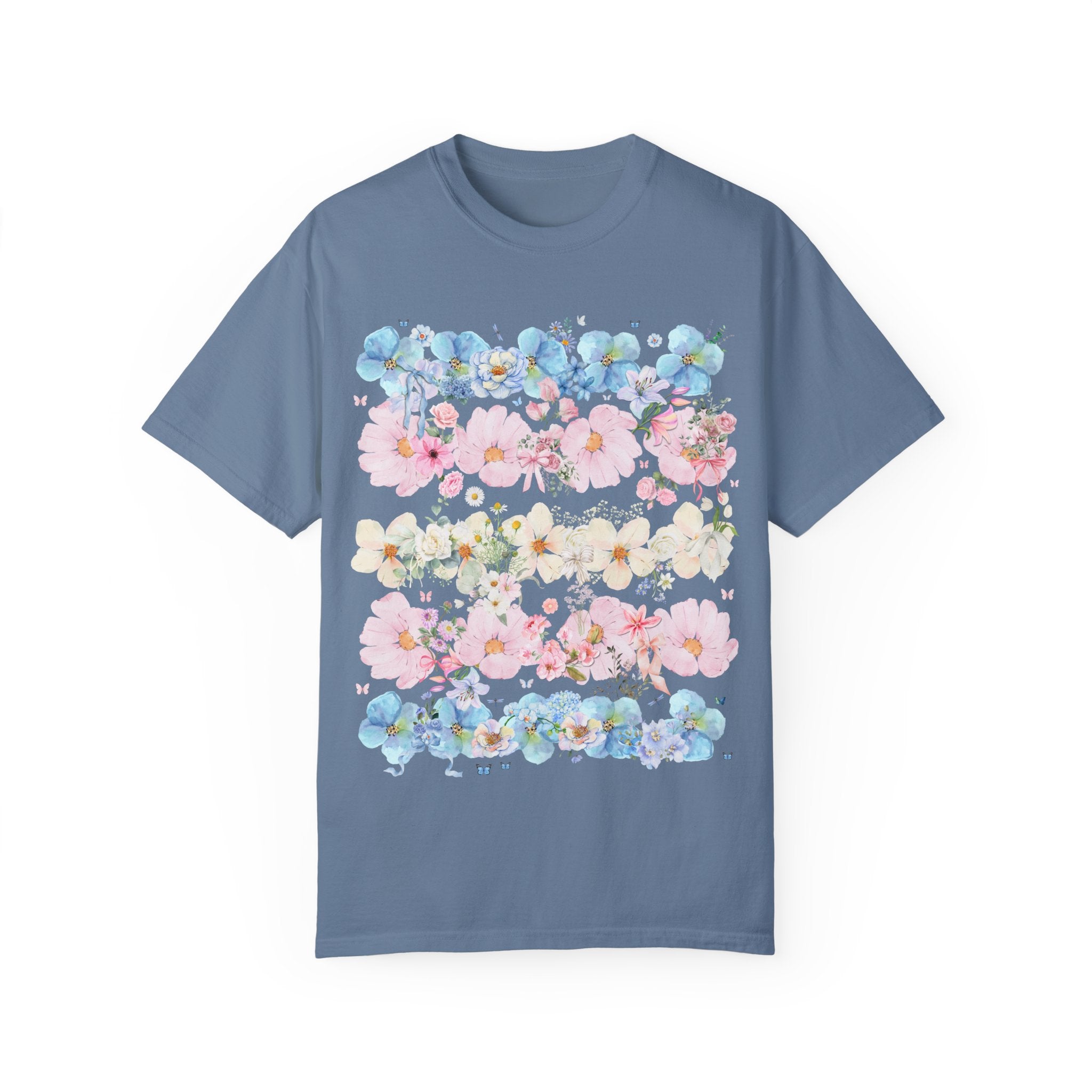 Subtle Transgender Floral Tee Shirt with Flowers and Butterflies, Messy Flower Collage Art T-Shirt, Gay Rights, LBGTQ Cottagecore Shirt - Opal and June