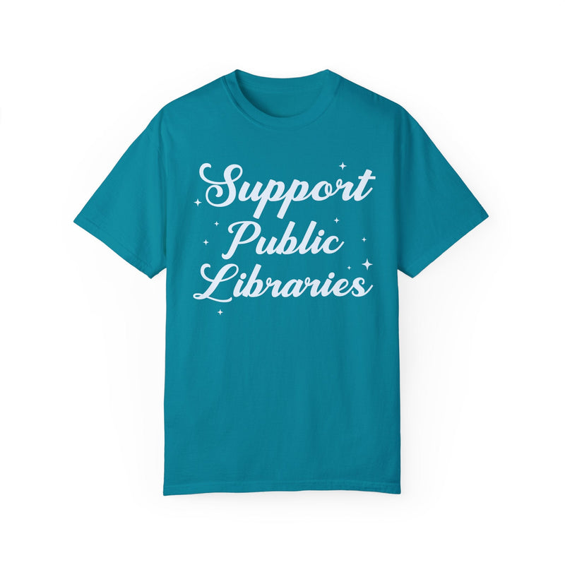 Support Public Libraries Tee Shirt with Stars: Gift for Librarian or Bookworm Who Loves Reading, Read Banned Books Aeshetic Tee for Reader - Opal and June