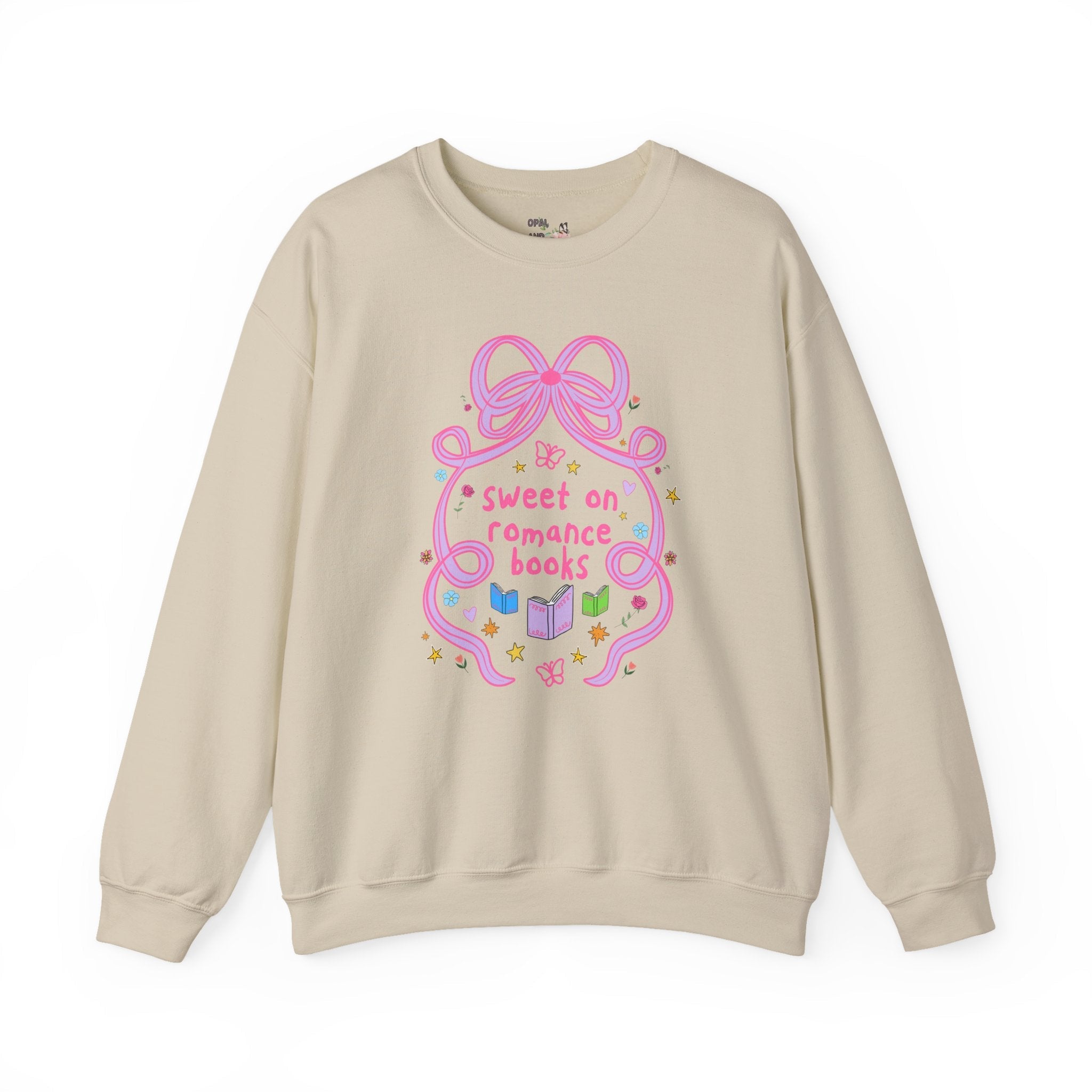 Sweet on Romance Books Bookish Sweatshirt with Bow, Bookworm or Book Lover Shirt with Cute Doodles, Romance Reader or Romance Book Author Gift - Opal and June