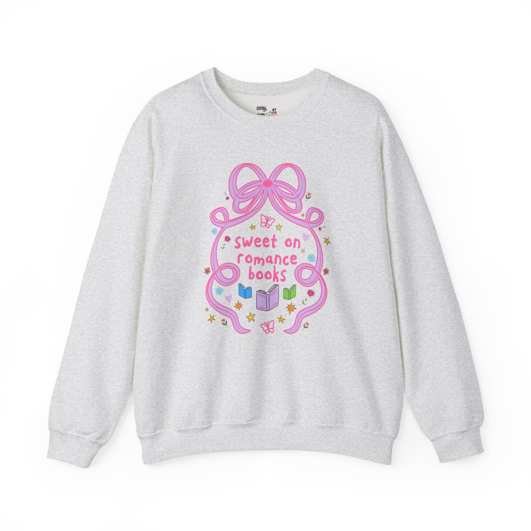 Sweet on Romance Books Bookish Sweatshirt with Bow, Bookworm or Book Lover Shirt with Cute Doodles, Romance Reader or Romance Book Author Gift - Opal and June