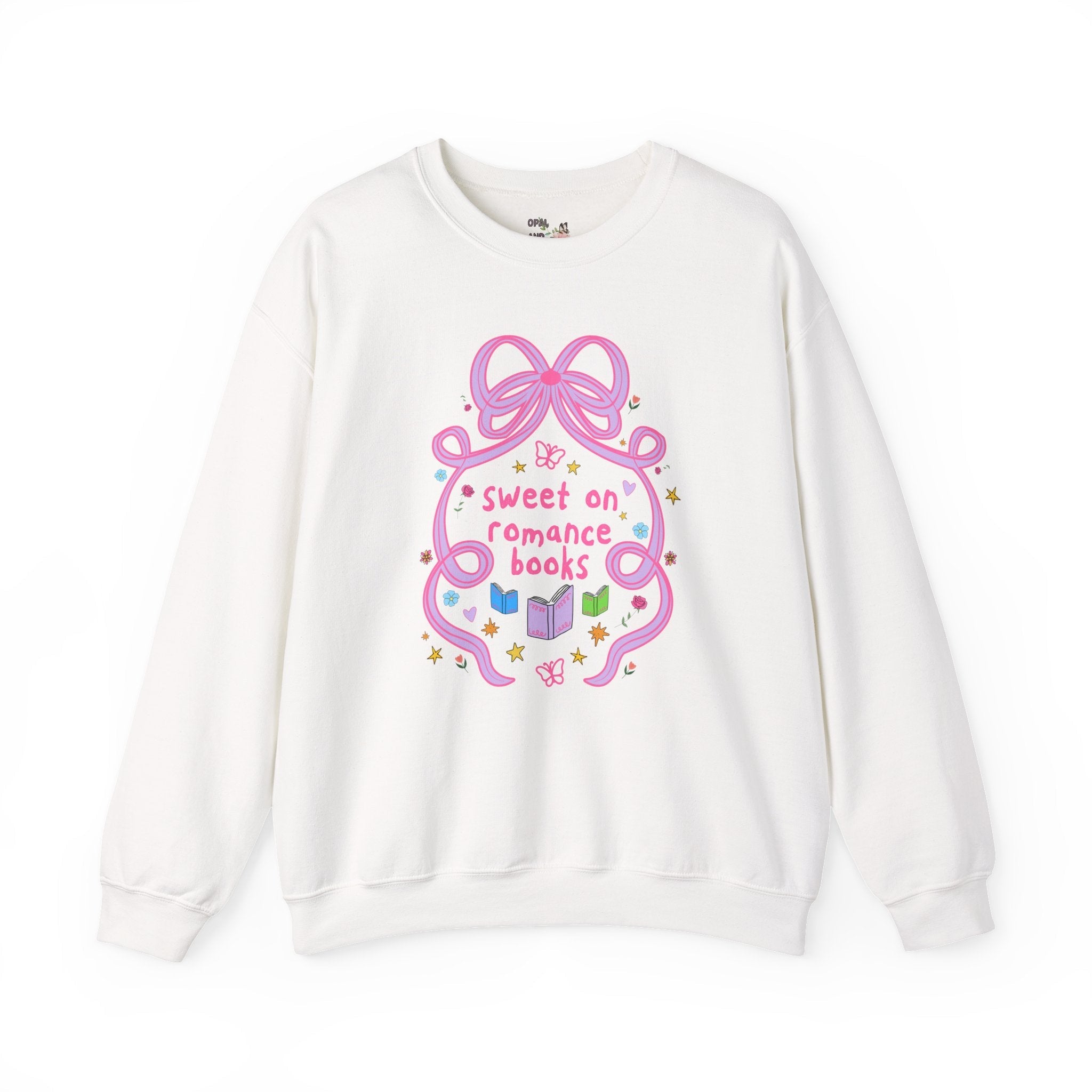 Sweet on Romance Books Bookish Sweatshirt with Bow, Bookworm or Book Lover Shirt with Cute Doodles, Romance Reader or Romance Book Author Gift - Opal and June