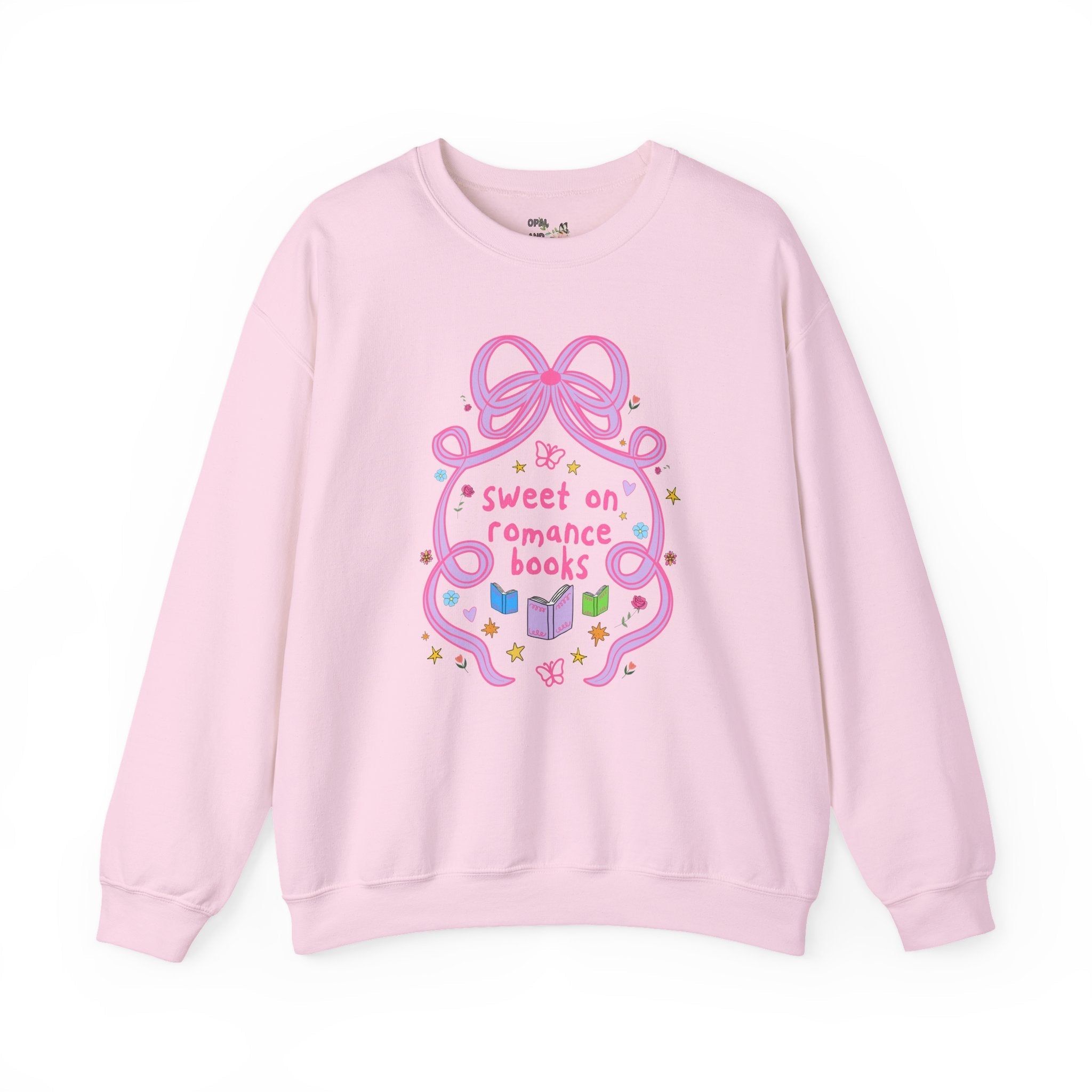 Sweet on Romance Books Bookish Sweatshirt with Bow, Bookworm or Book Lover Shirt with Cute Doodles, Romance Reader or Romance Book Author Gift - Opal and June