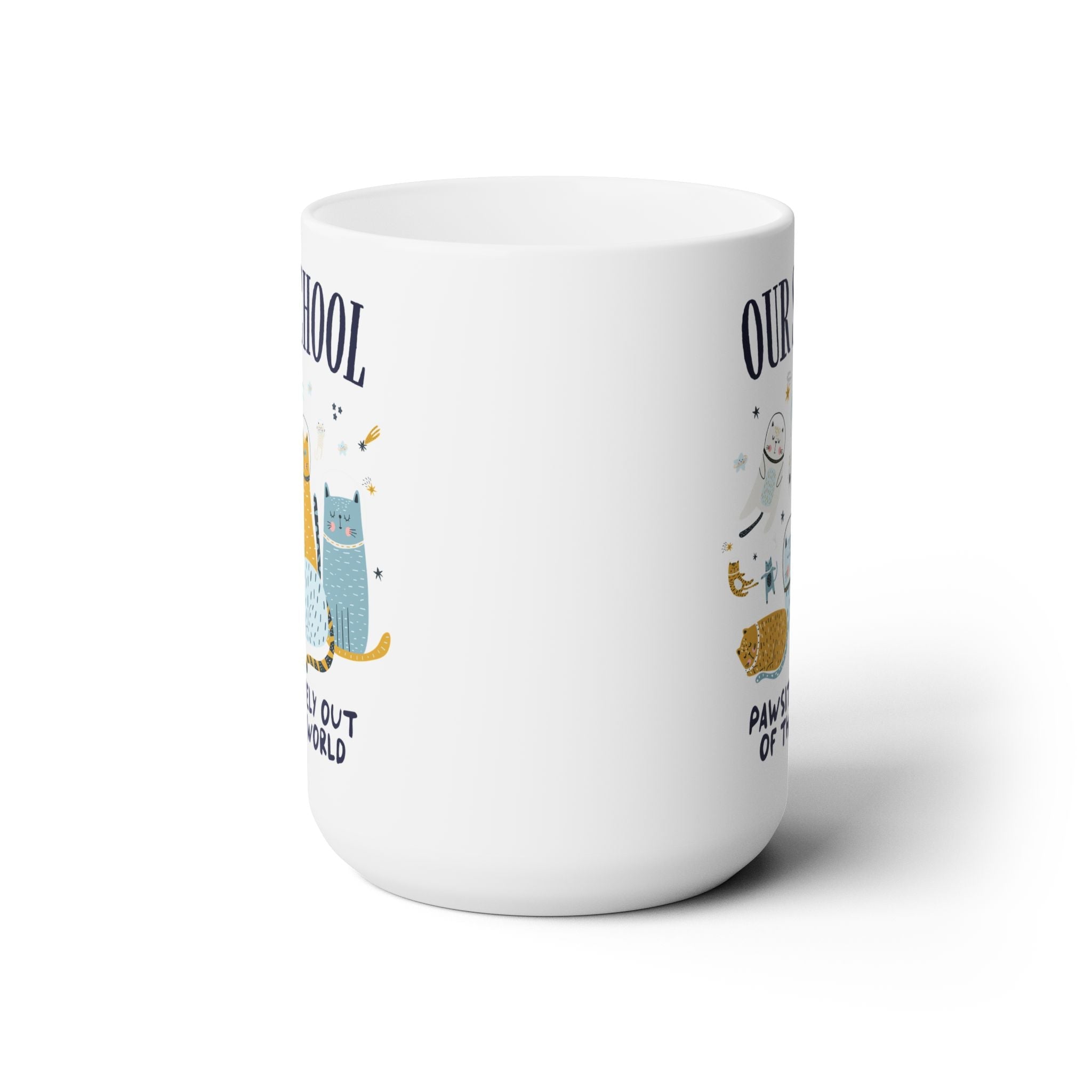 Teacher Space Cat 15 Oz Coffee Mug with Astronaut Kittens and Stars: Pawsitively Out of This World Teacher Team or School Office Staff Mug for Cat Lover - Opal and June