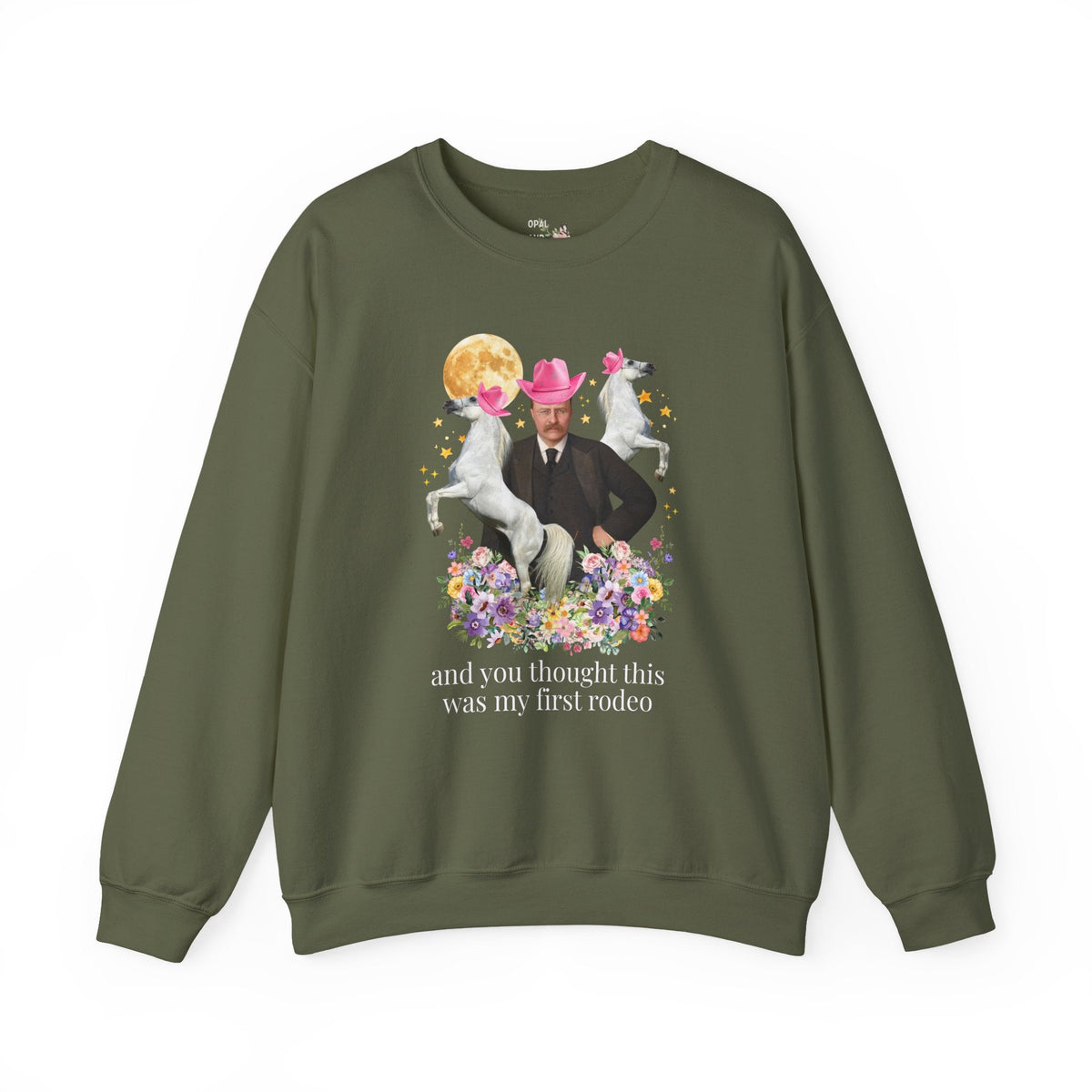 Teddy Roosevelt American History Horse Lover Sweatshirt with Flowers, Funny American History Animal Lover Kitschy Crewneck, 1900s President - Opal and June