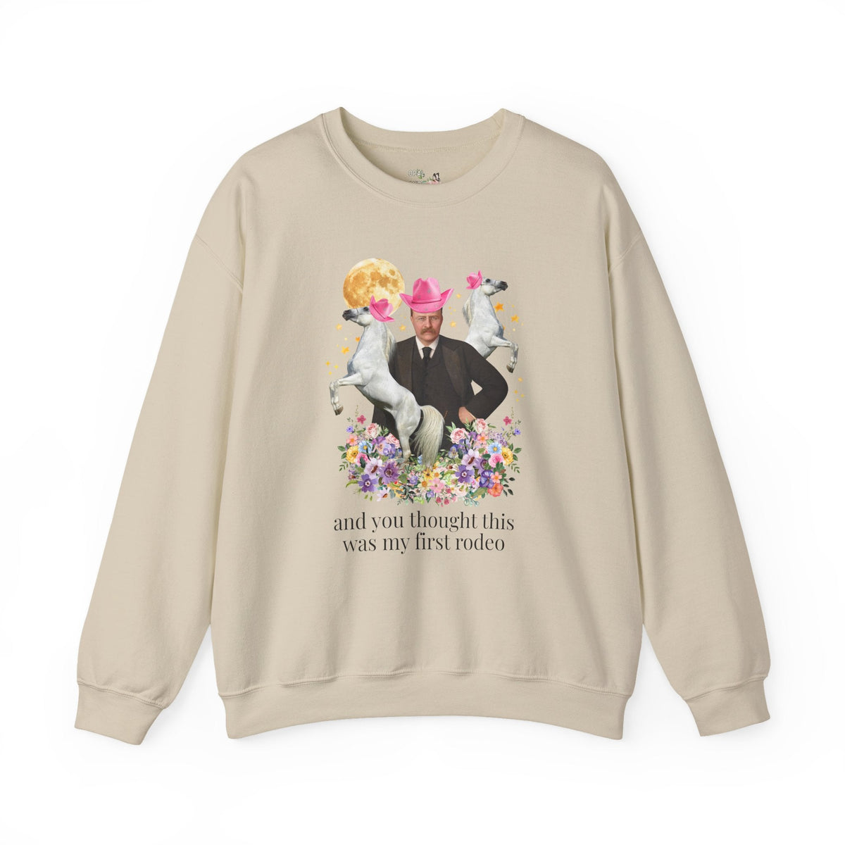 Teddy Roosevelt American History Horse Lover Sweatshirt with Flowers, Funny American History Animal Lover Kitschy Crewneck, 1900s President - Opal and June