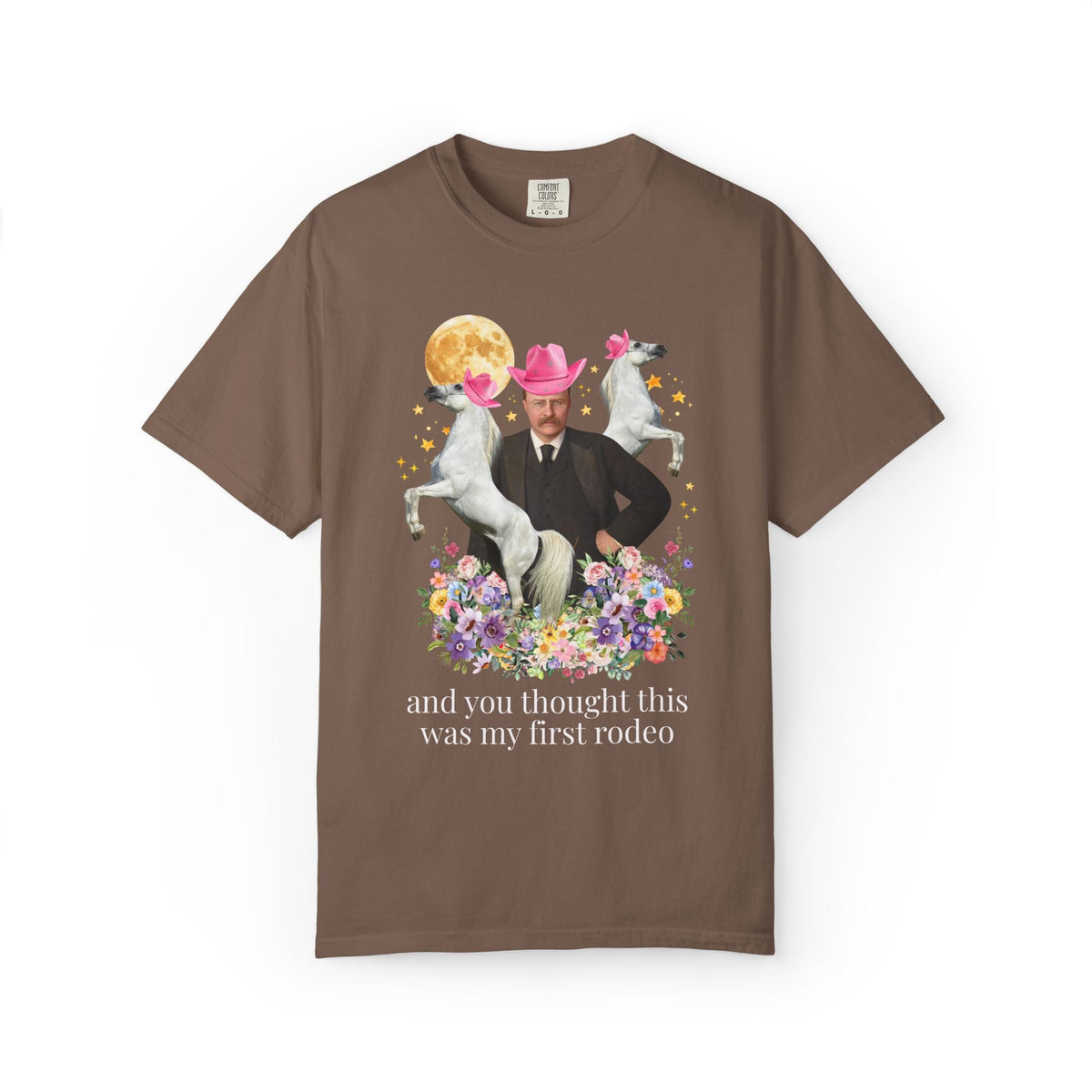 Teddy Roosevelt American History Horse Lover Tee Shirt with Flowers, Funny American History Animal Lover Kitschy Tee, 1900s President - Opal and June
