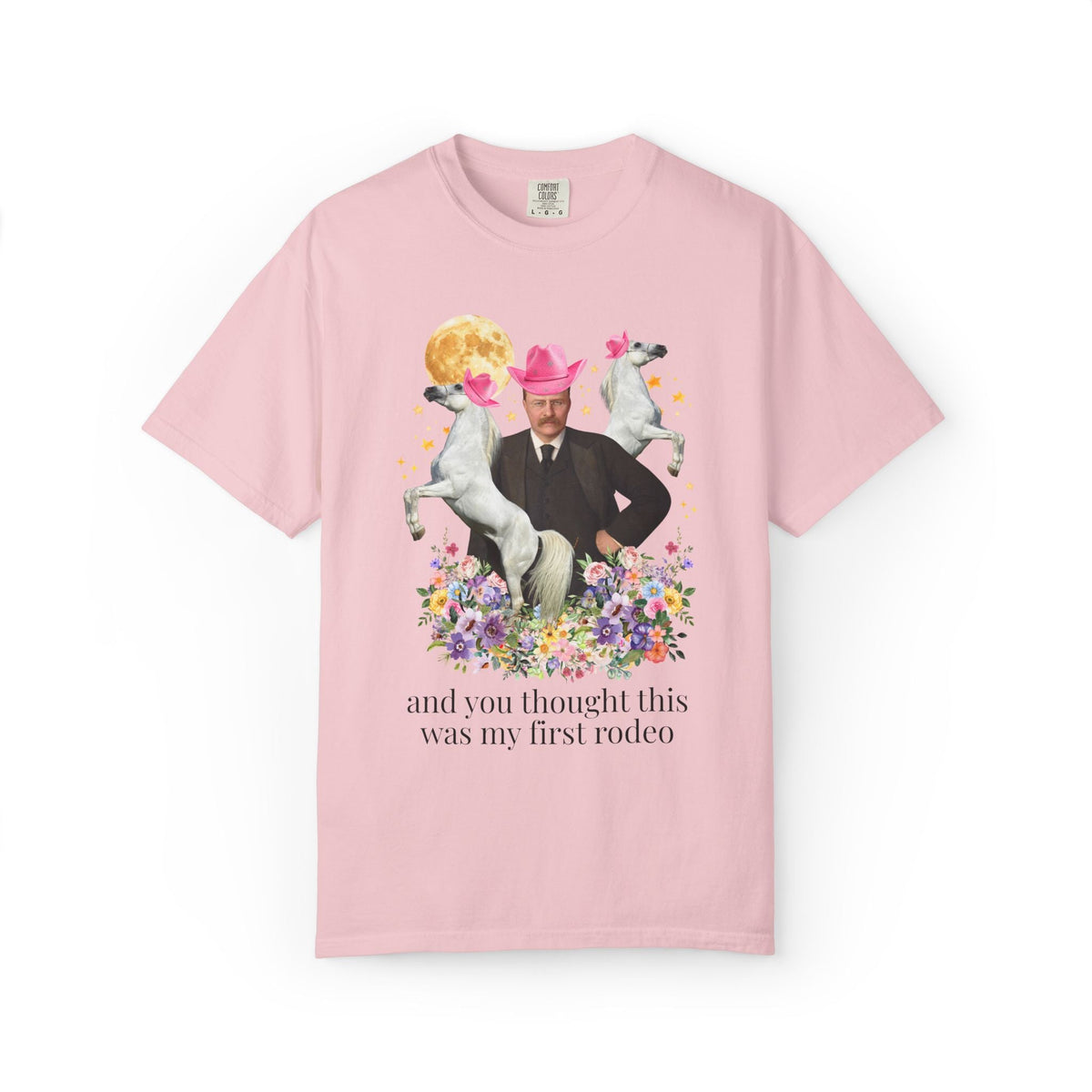 Teddy Roosevelt American History Horse Lover Tee Shirt with Flowers, Funny American History Animal Lover Kitschy Tee, 1900s President - Opal and June