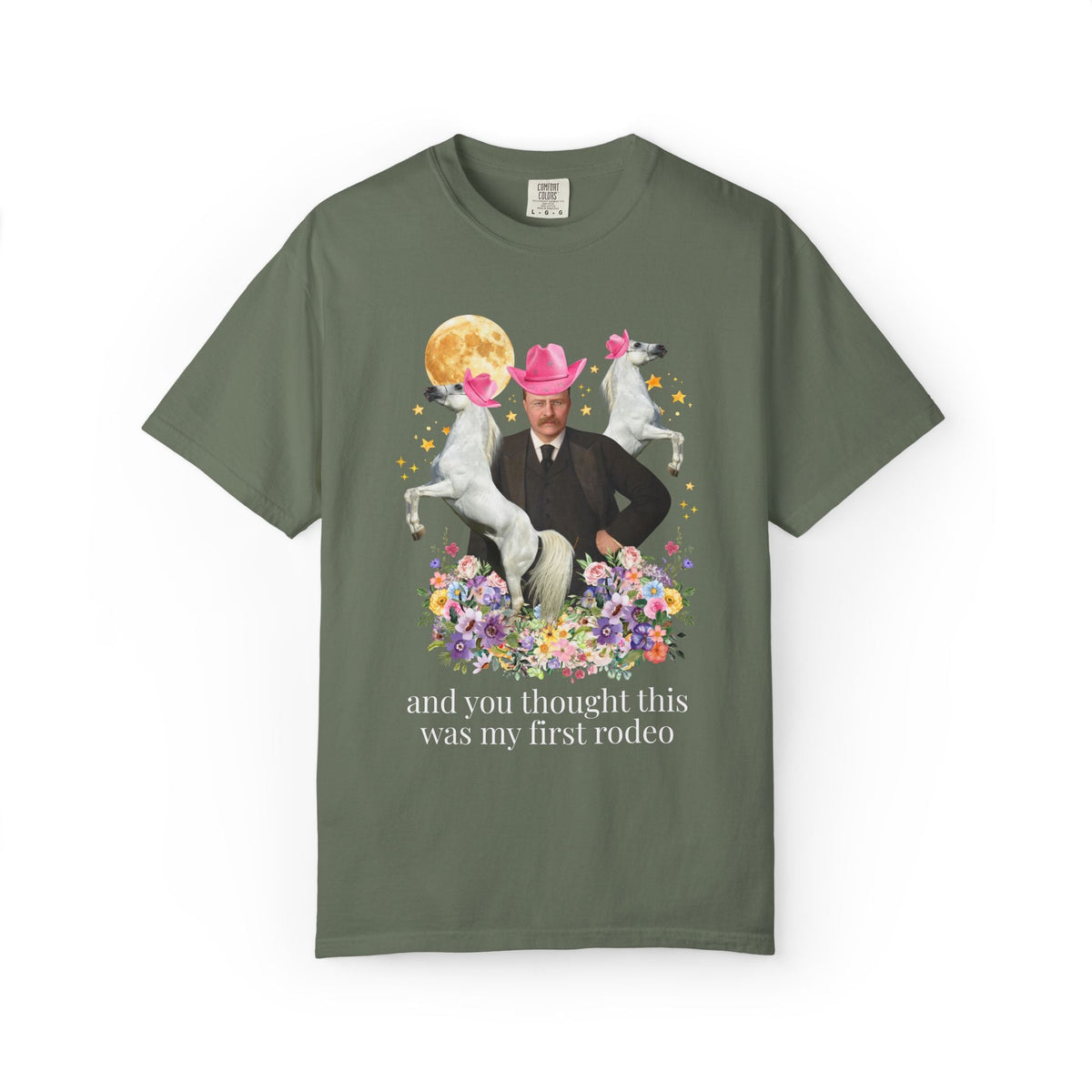 Teddy Roosevelt American History Horse Lover Tee Shirt with Flowers, Funny American History Animal Lover Kitschy Tee, 1900s President - Opal and June