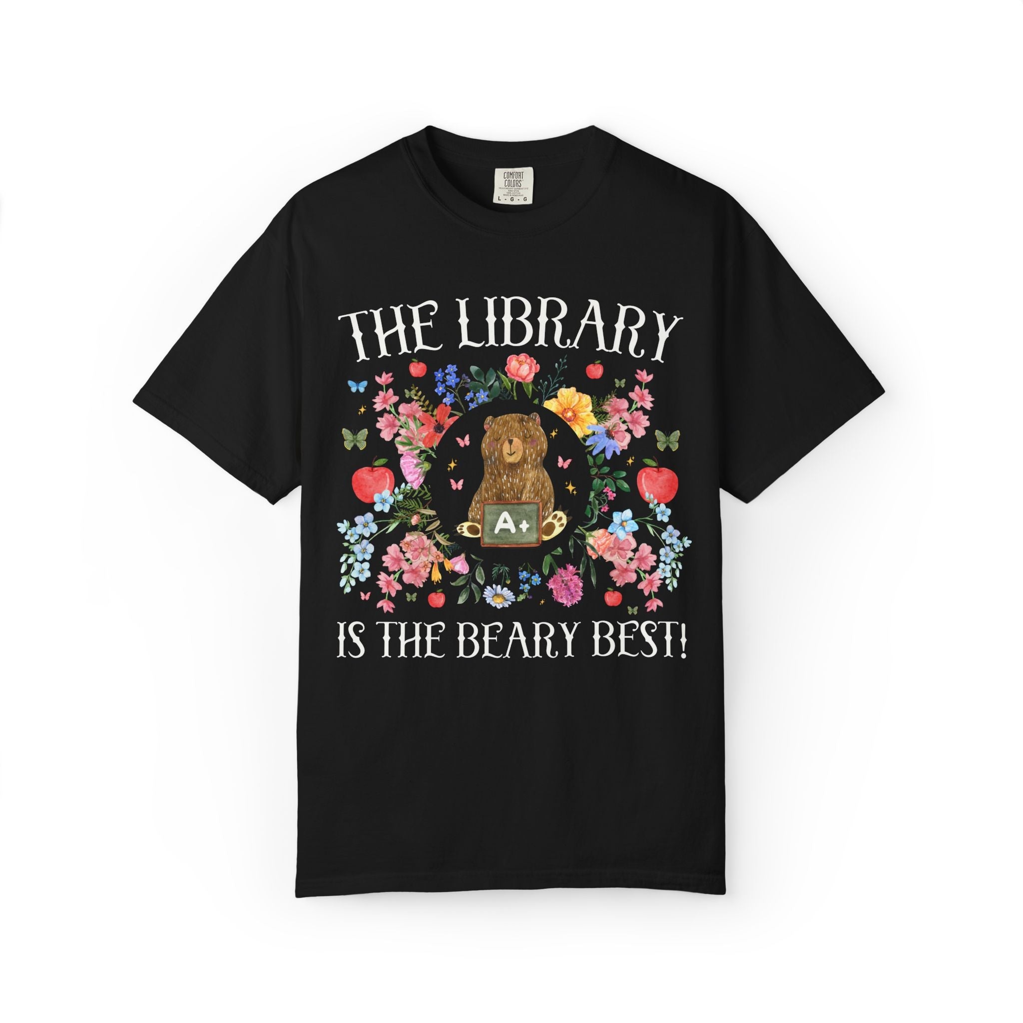 The Libary is The Beary Best Matching Teacher T-Shirt with Flowers and Cute Cottagecore Bear, Back to School Goblincore Tee - Opal and June