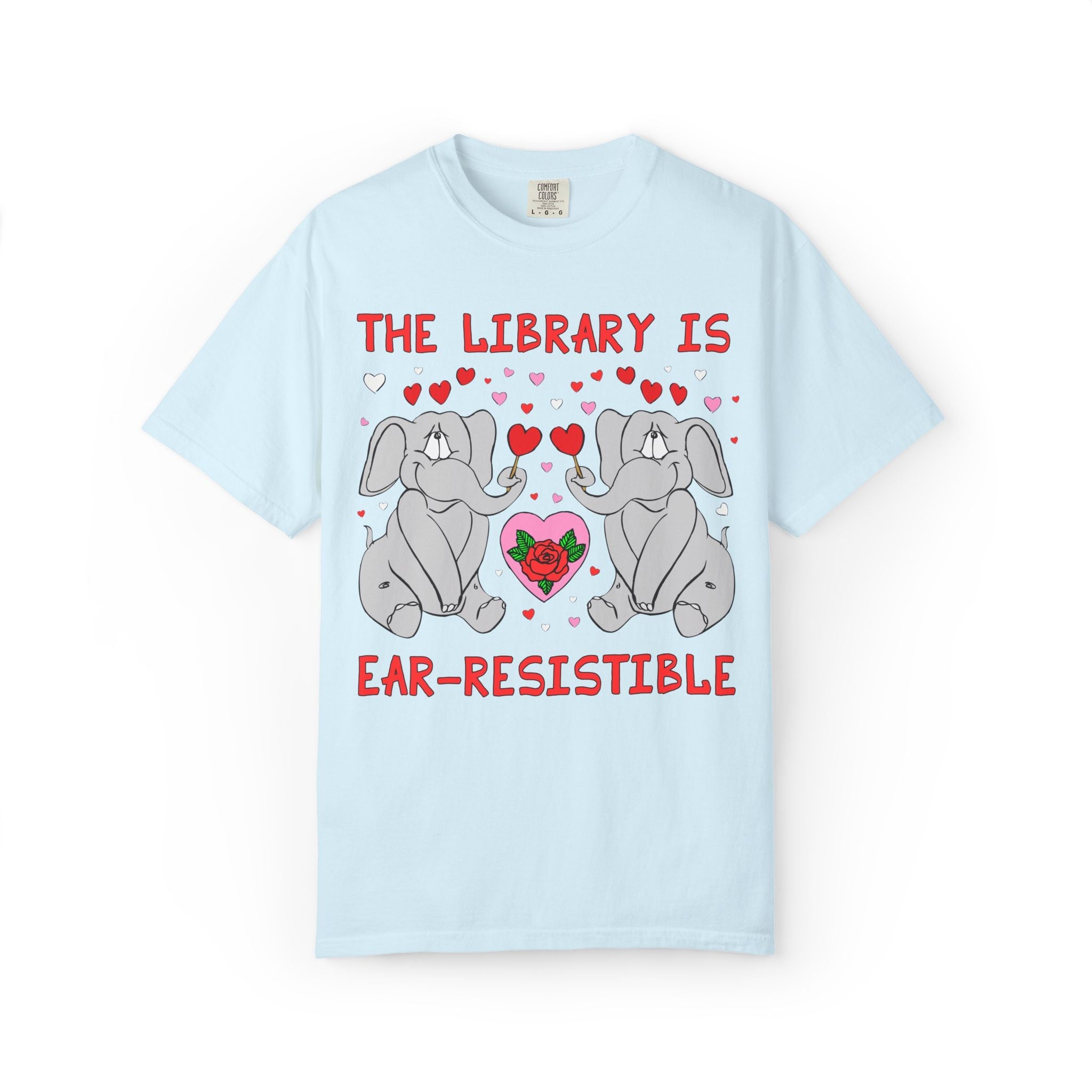 The Library is Ear-Resistible! Valentine's Day Teacher Tee: Funny Animal Lover T-Shirt with Elephant and Hearts, Cute Matching Teacher Tee - Opal and June