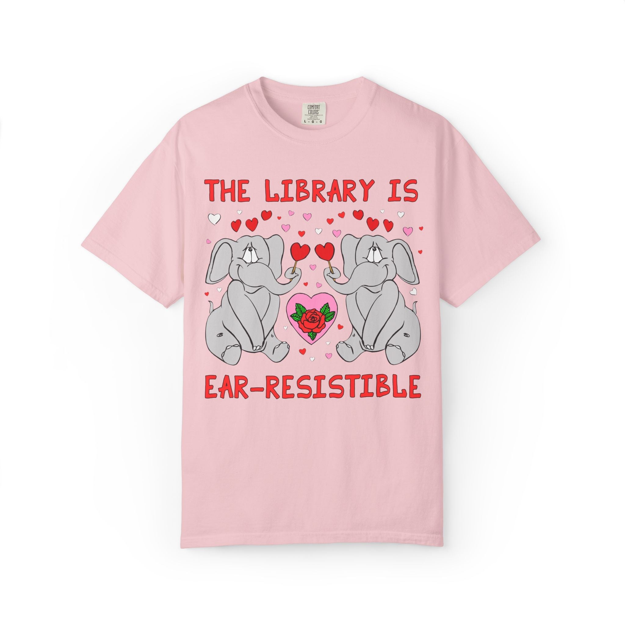 The Library is Ear-Resistible! Valentine's Day Teacher Tee: Funny Animal Lover T-Shirt with Elephant and Hearts, Cute Matching Teacher Tee - Opal and June