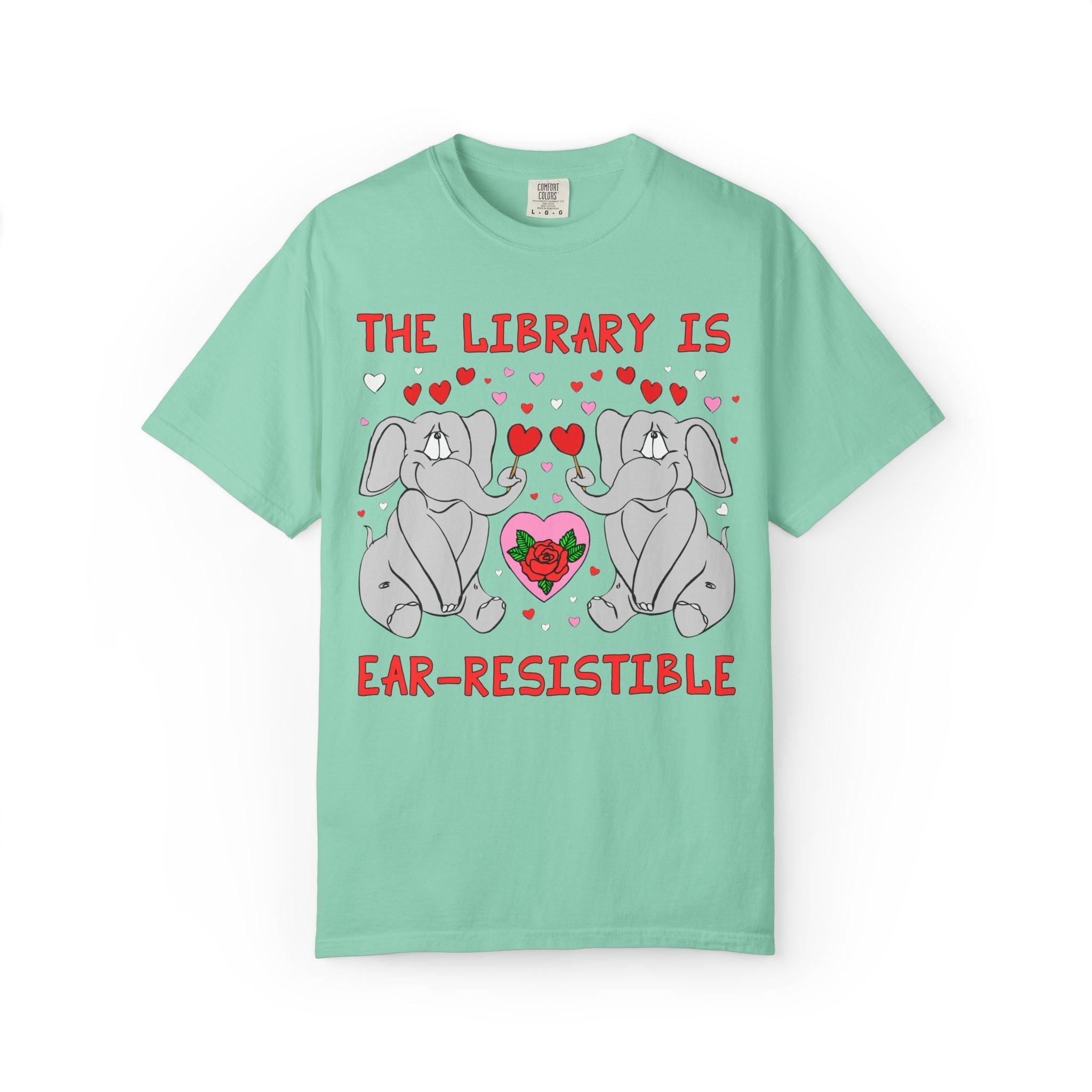 The Library is Ear-Resistible! Valentine's Day Teacher Tee: Funny Animal Lover T-Shirt with Elephant and Hearts, Cute Matching Teacher Tee - Opal and June