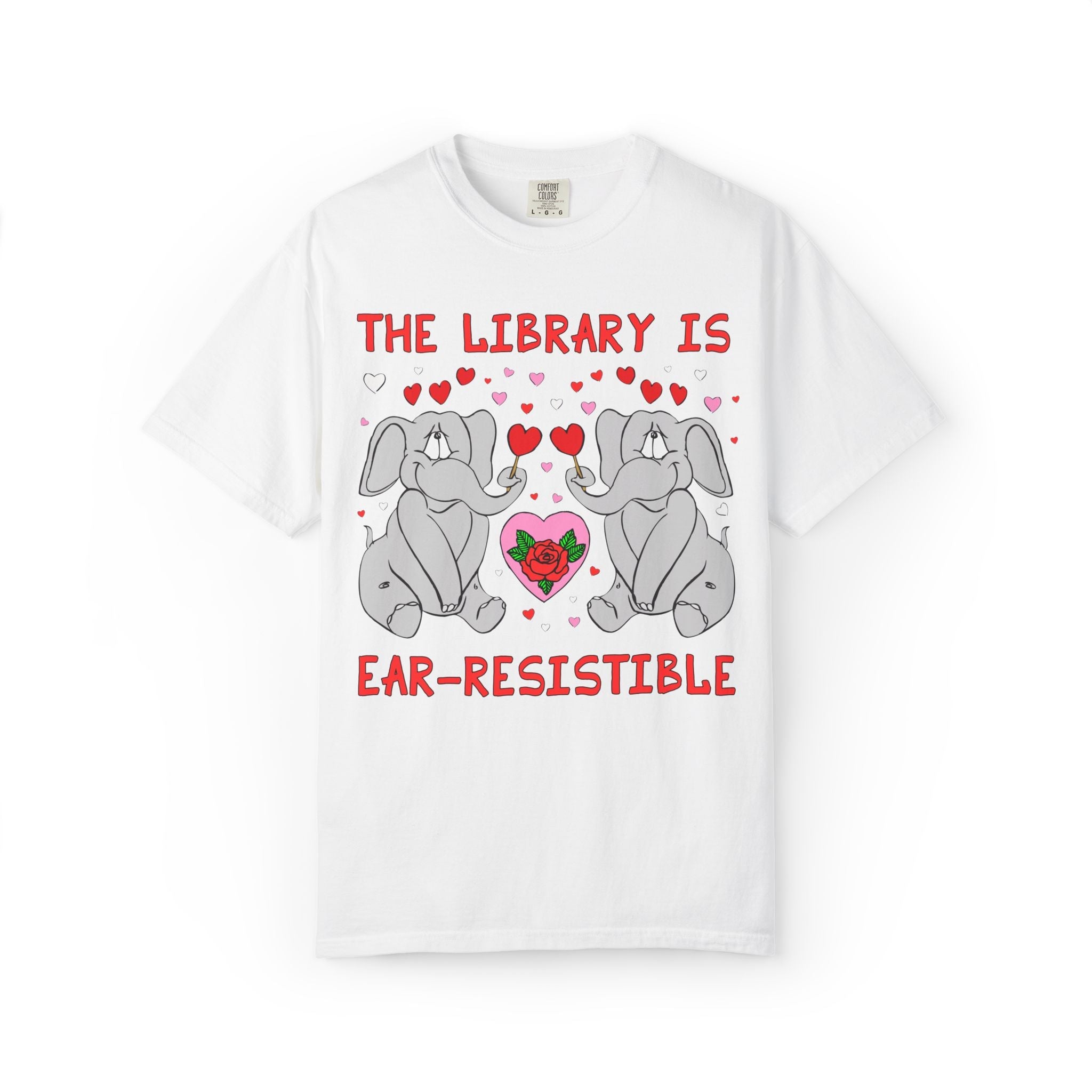 The Library is Ear-Resistible! Valentine's Day Teacher Tee: Funny Animal Lover T-Shirt with Elephant and Hearts, Cute Matching Teacher Tee - Opal and June
