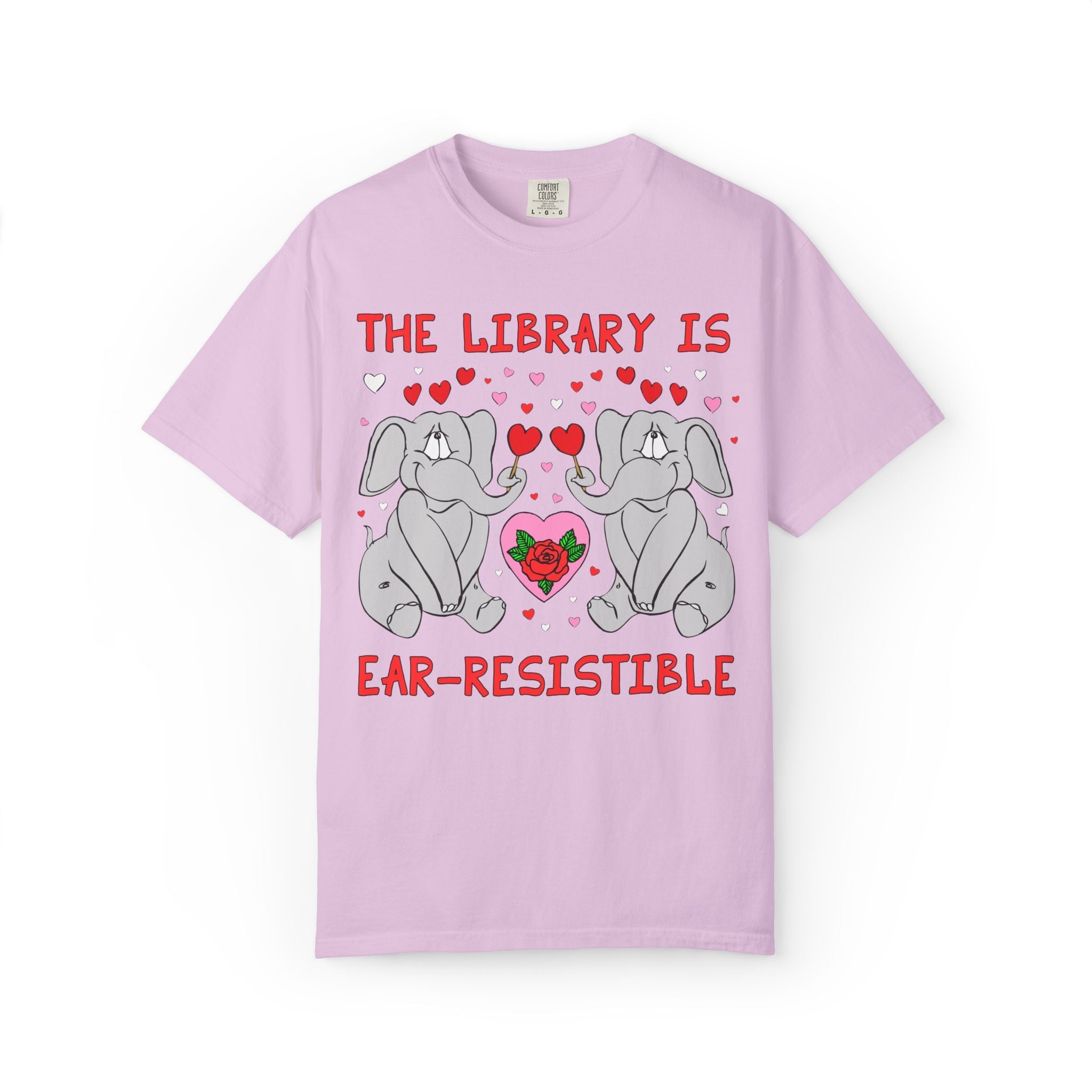 The Library is Ear-Resistible! Valentine's Day Teacher Tee: Funny Animal Lover T-Shirt with Elephant and Hearts, Cute Matching Teacher Tee - Opal and June
