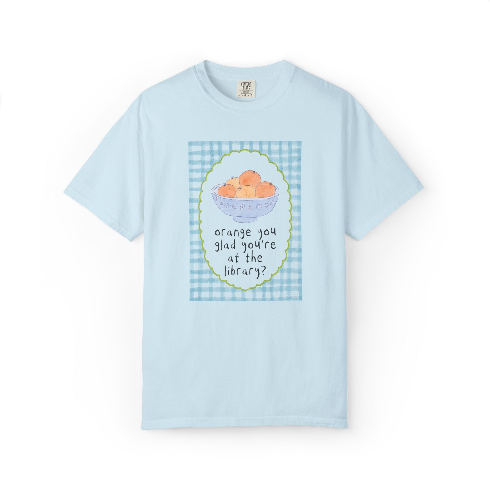 The Library: Orange You Glad Matching School Librarian Tee Shirt, Silly and Cute Back to School Tee with Blue Gingham and Oranges in a Bowl - Opal and June