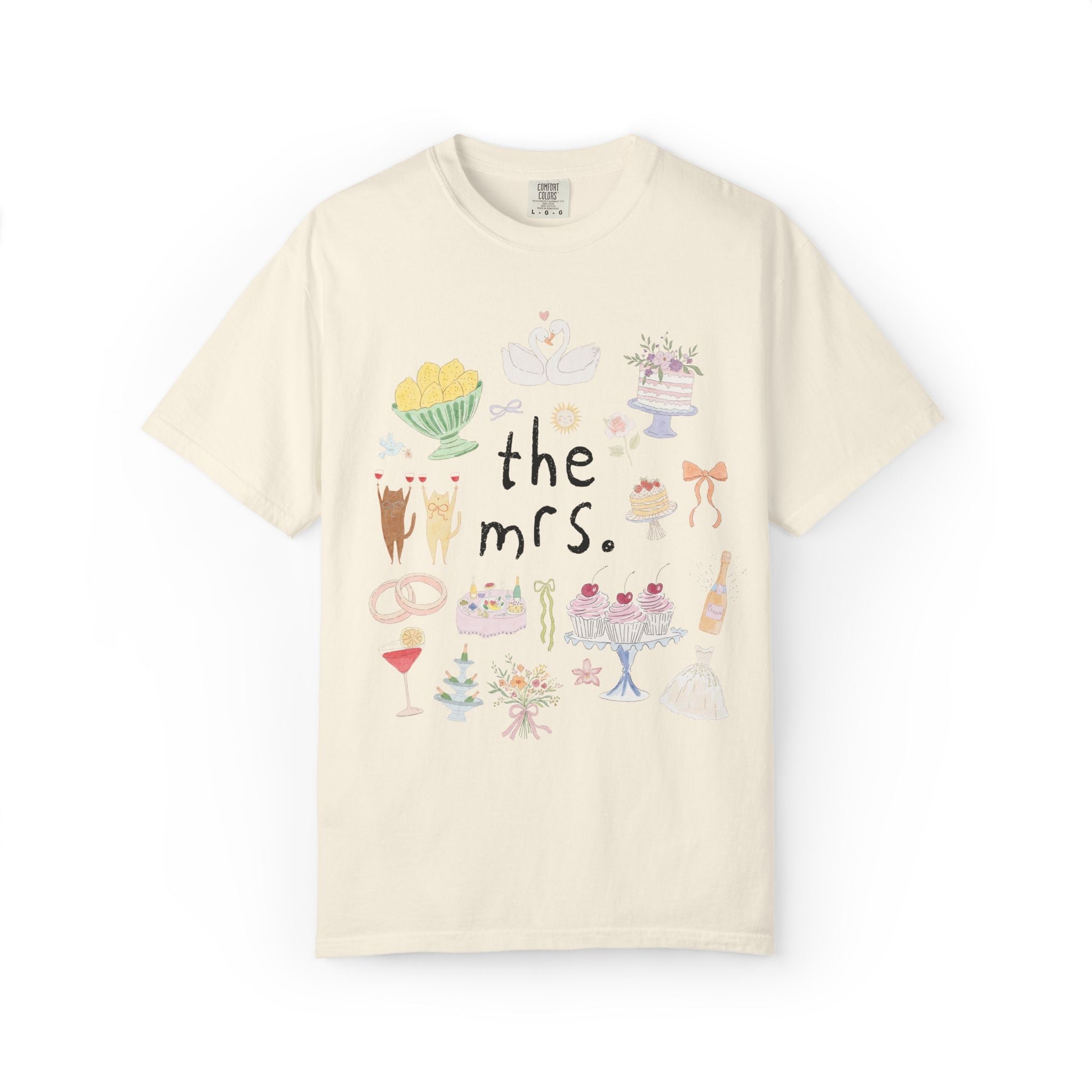 The Mrs. and The Girls Matching Bachelorette Party or Trip T-Shirt with Cute Doodles, Vintage Aesthetic Soft Girl Style Bridal Tee with Cats - Opal and June