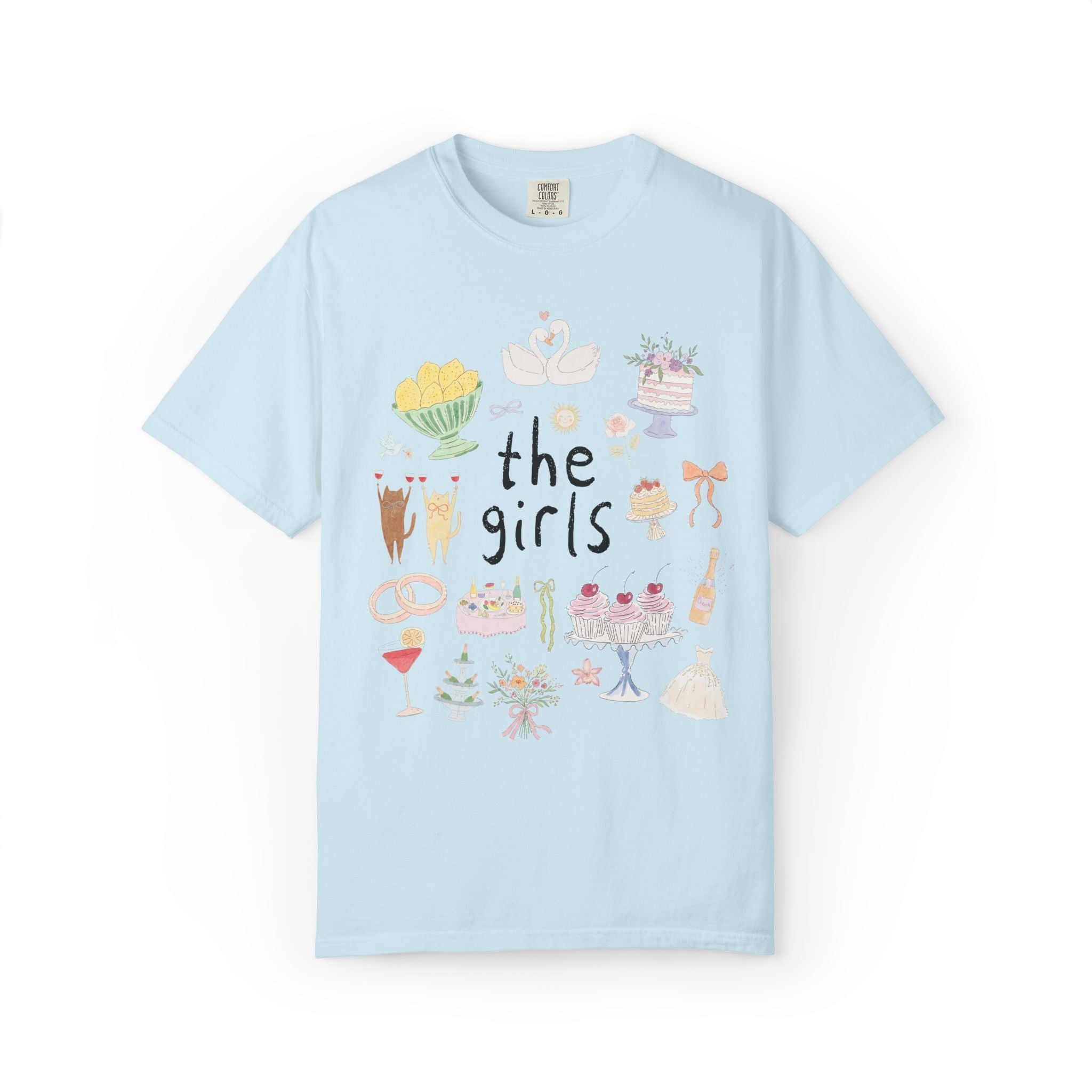 The Mrs. and The Girls Matching Bachelorette Party or Trip T-Shirt with Cute Doodles, Vintage Aesthetic Soft Girl Style Bridal Tee with Cats - Opal and June